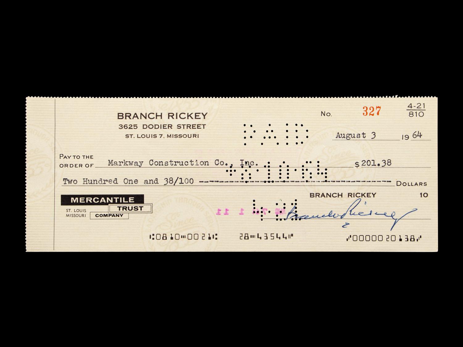 A Branch Rickey Signed Autograph Check