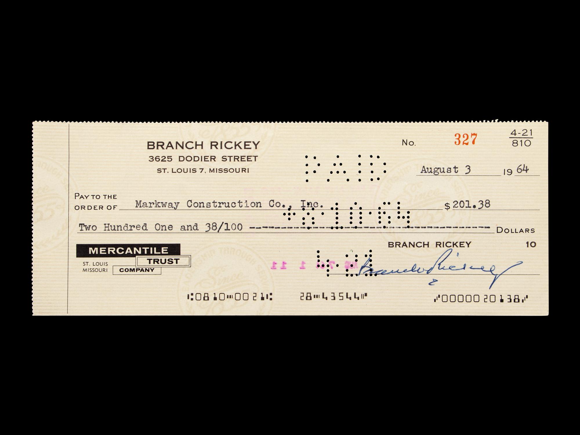 A Branch Rickey Signed Autograph Check