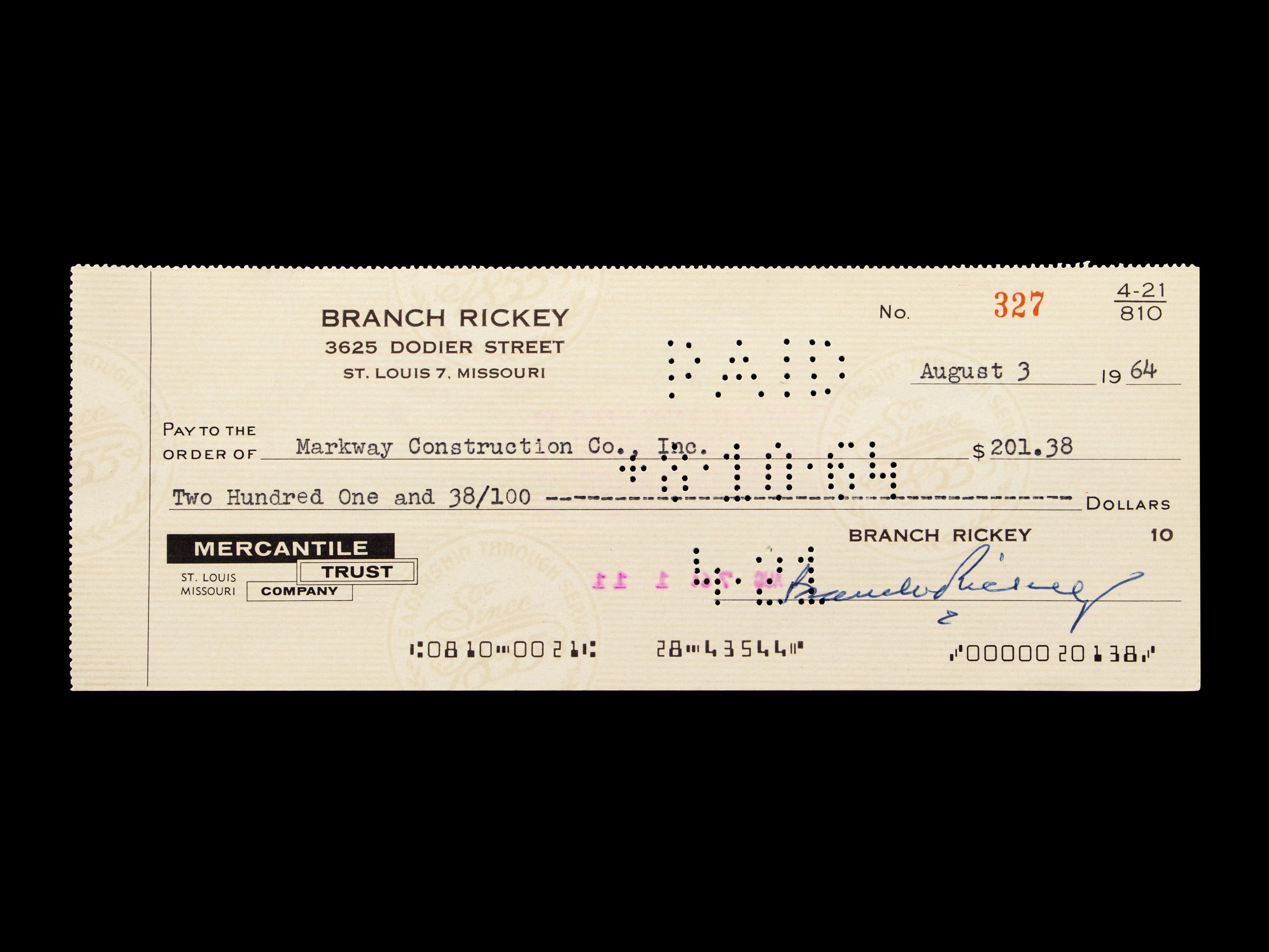 A Branch Rickey Signed Autograph Check