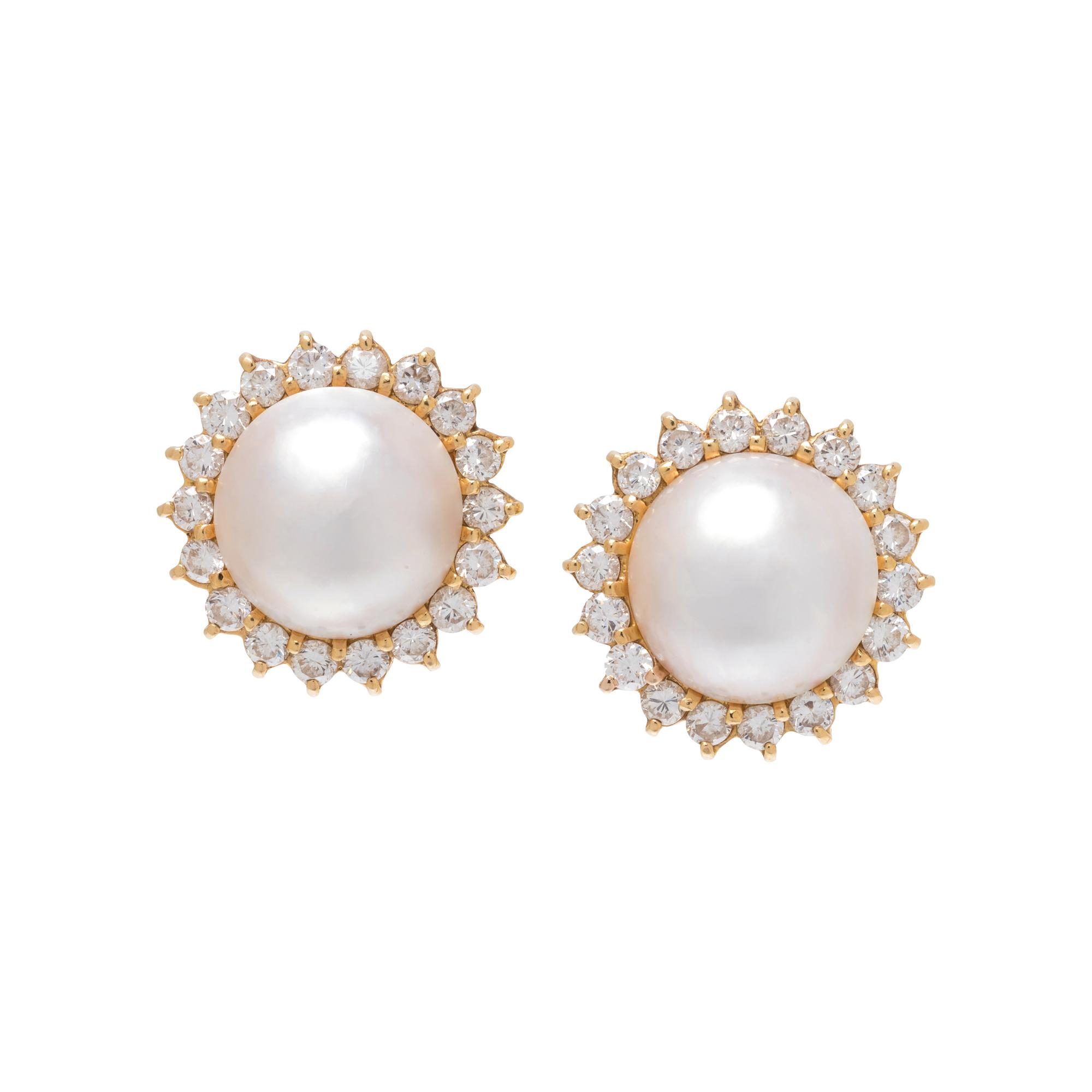 CULTURED MABE PEARL AND DIAMOND EARCLIPS