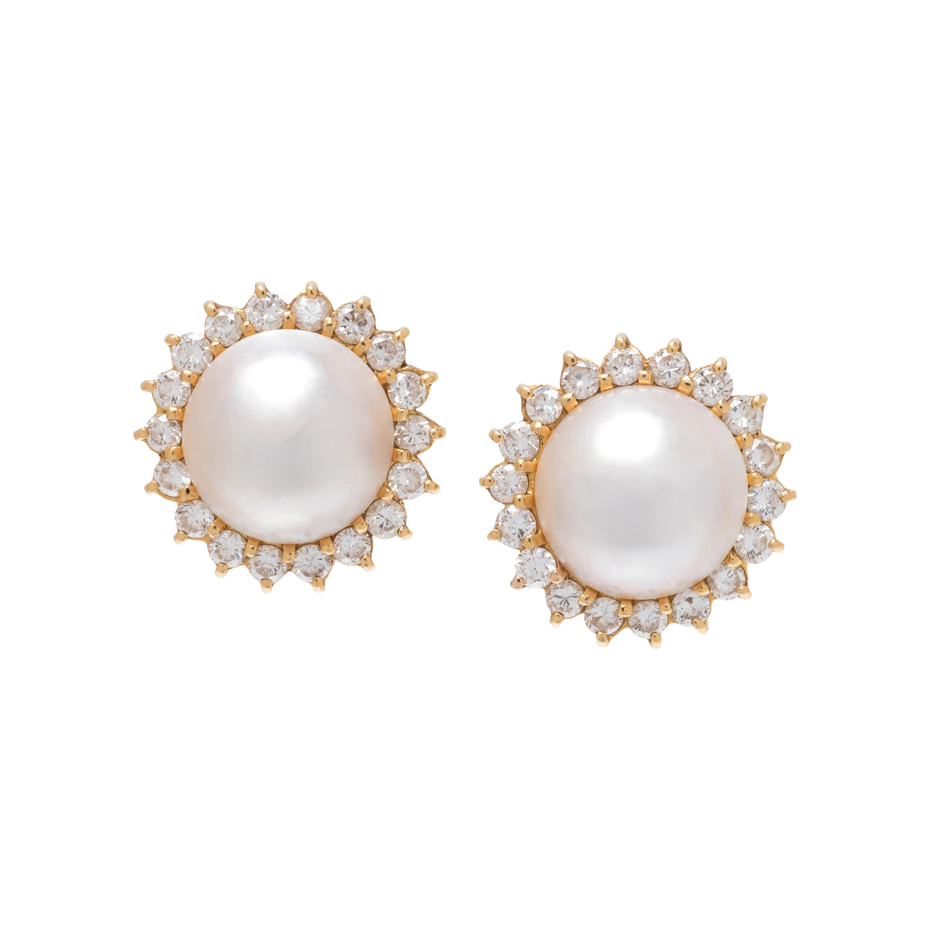 CULTURED MABE PEARL AND DIAMOND EARCLIPS