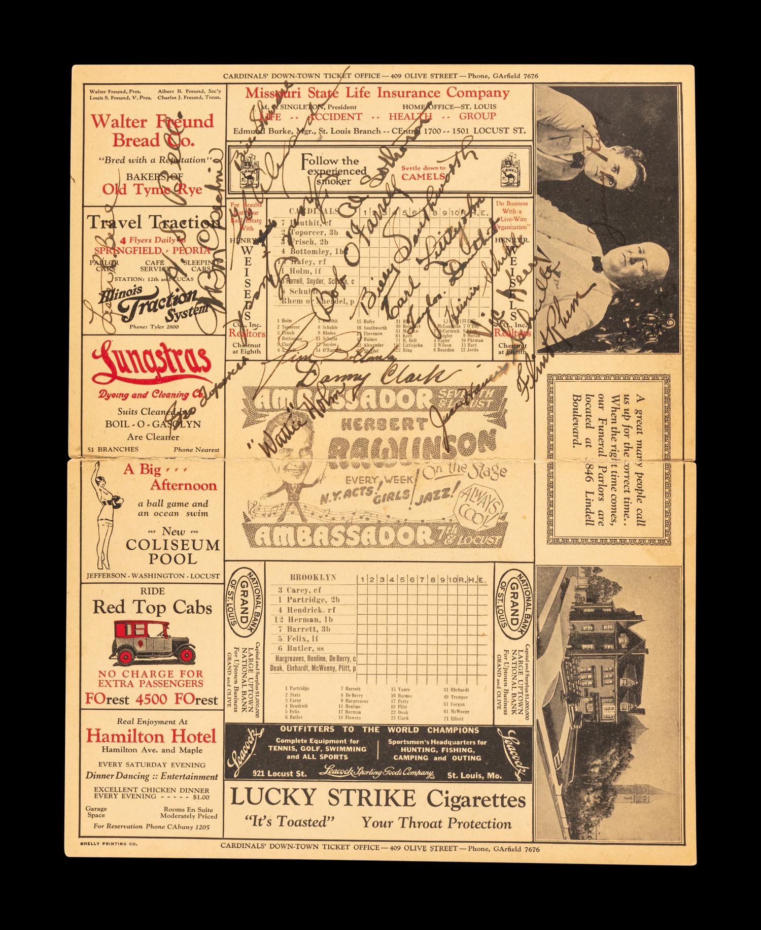 A Multi Signed Autograph 1927 St. Louis Cardinals Scorecard Featuring Hall of Famers — 20 Signatures (Beckett Authentication Services)
