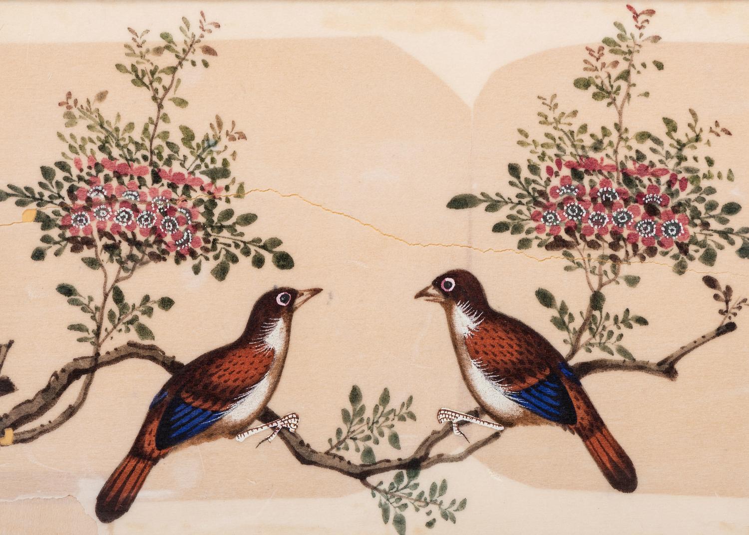 Seven Chinese Export Pith Paintings of Perched Birds and Flowers