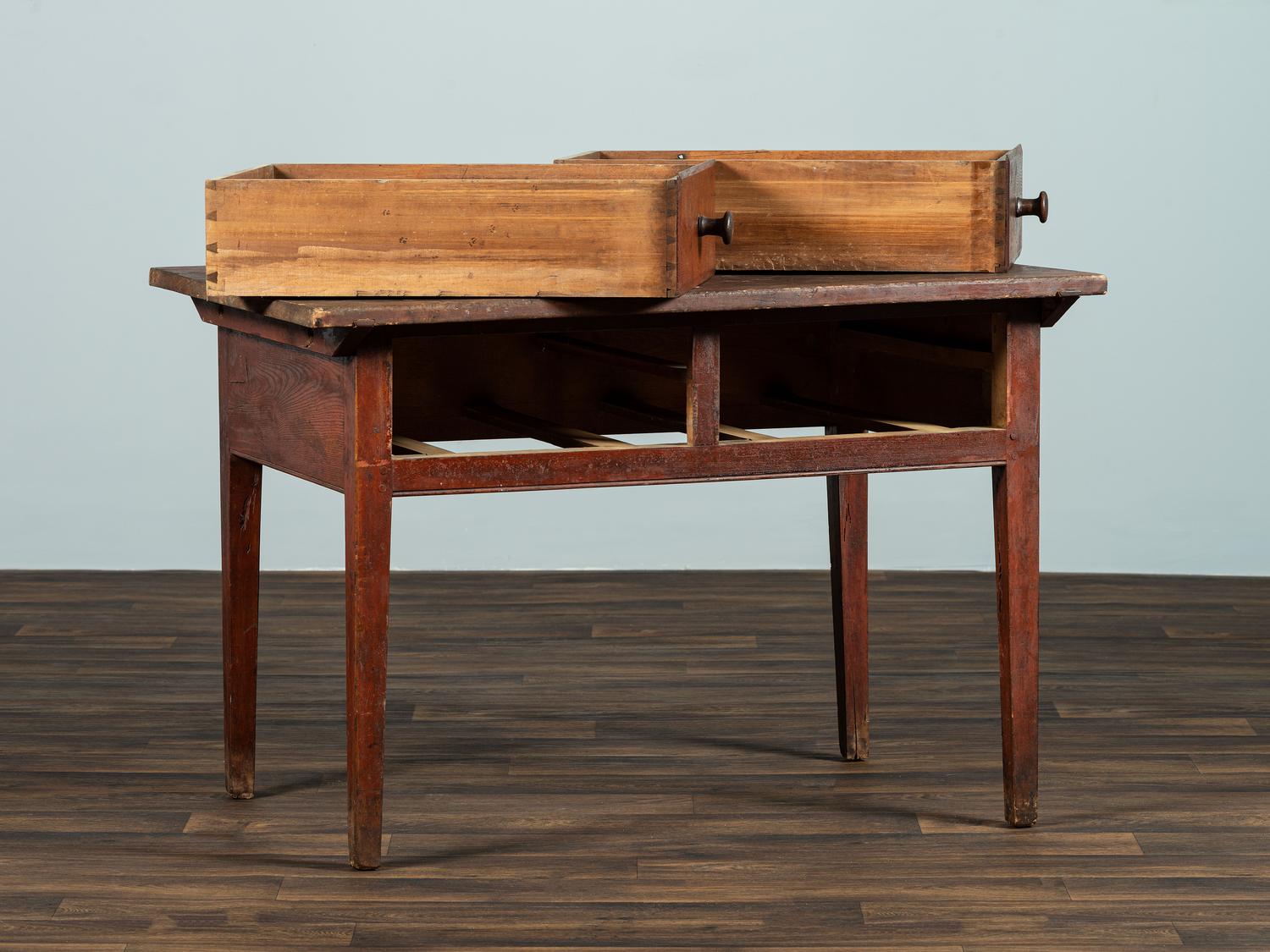 A Red-Stained Pine Two-Drawer Work Table
