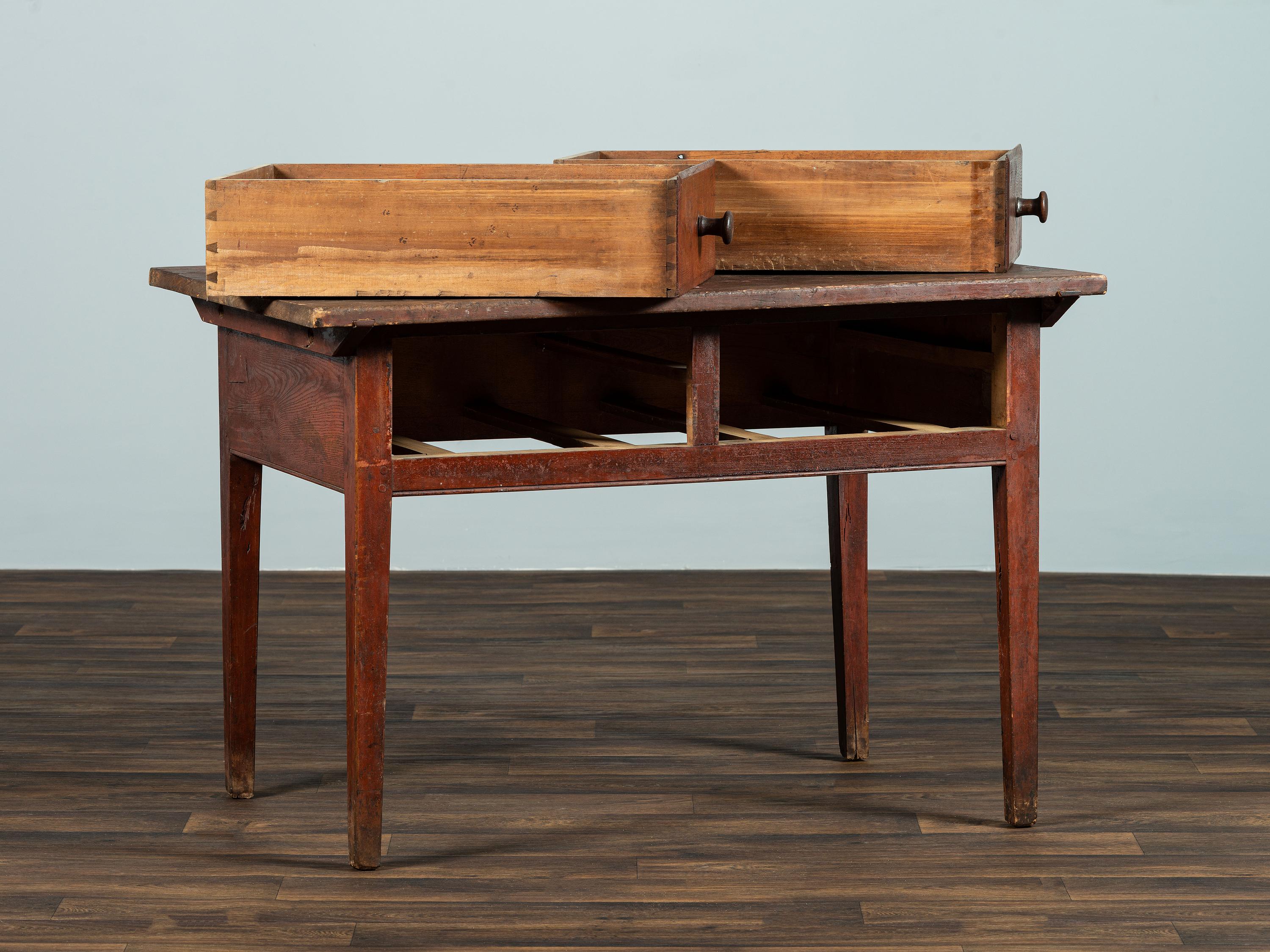 A Red-Stained Pine Two-Drawer Work Table