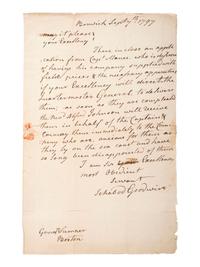 [MASSACHUSETTS]. GOODWIN II, Ichabod (1743-1829). Autograph letter signed ("Ichabod Goodwin"), to Increase Sumner, Governor of Massachusetts. Berwick, [MA], 7 September 1797.