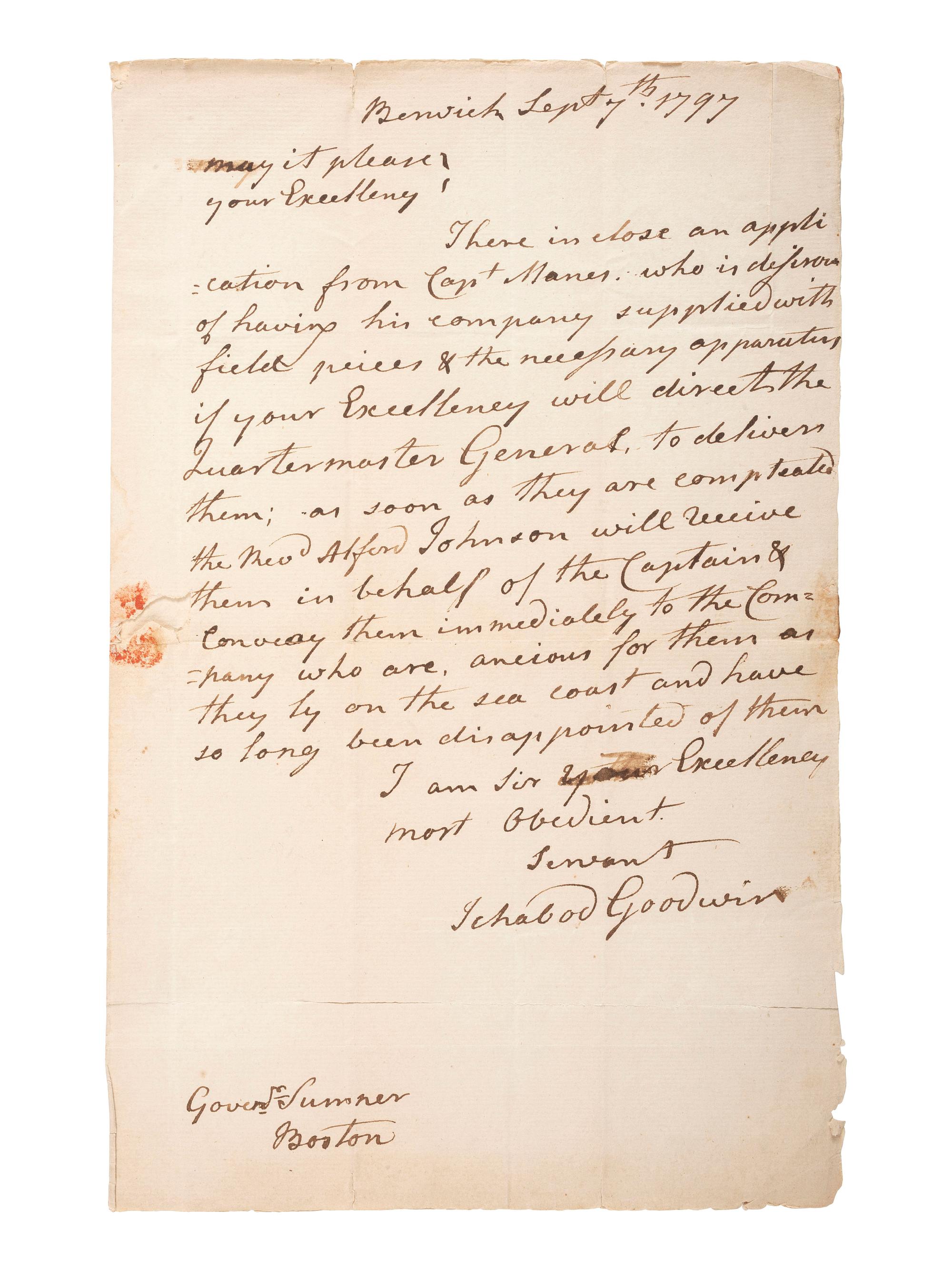 [MASSACHUSETTS]. GOODWIN II, Ichabod (1743-1829). Autograph letter signed ("Ichabod Goodwin"), to Increase Sumner, Governor of Massachusetts. Berwick, [MA], 7 September 1797.