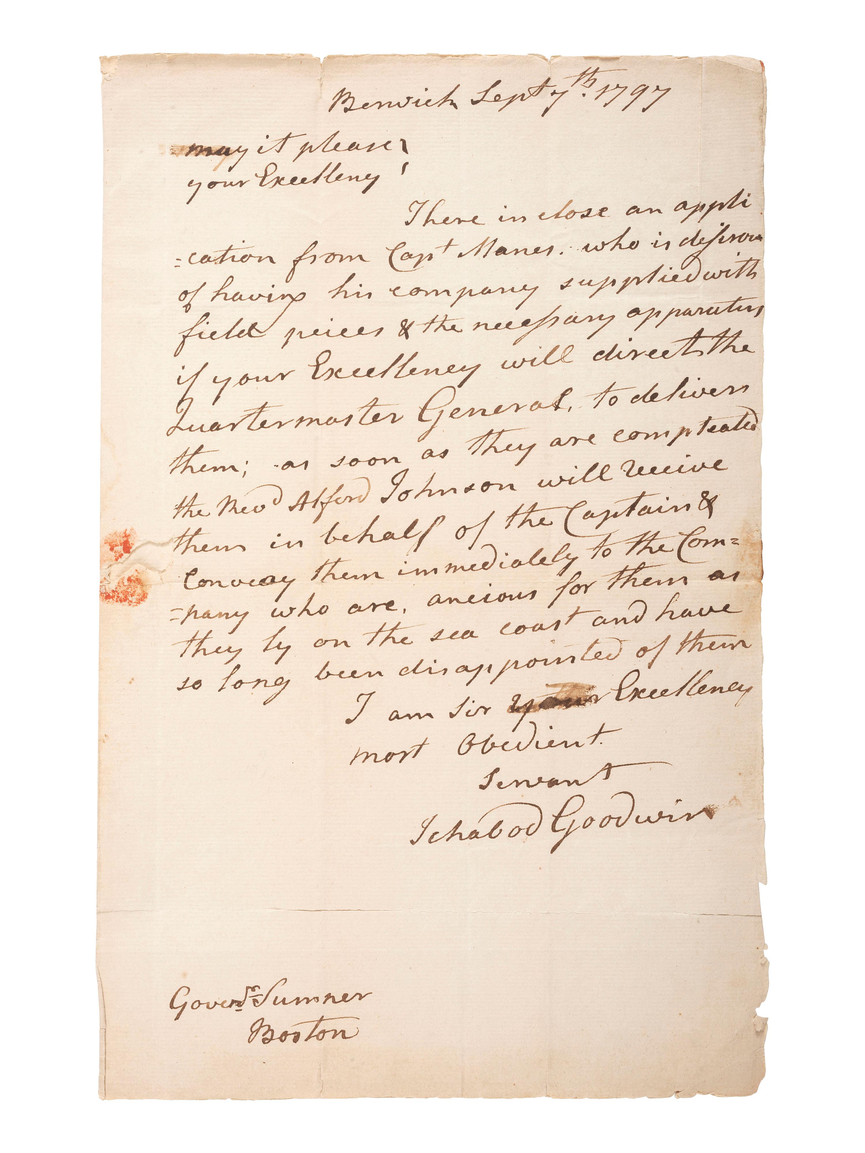 [MASSACHUSETTS]. GOODWIN II, Ichabod (1743-1829). Autograph letter signed ("Ichabod Goodwin"), to Increase Sumner, Governor of Massachusetts. Berwick, [MA], 7 September 1797.