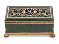 A 14 Karat Gold, Diamond and Guilloché Enamel Hardstone Table Casket