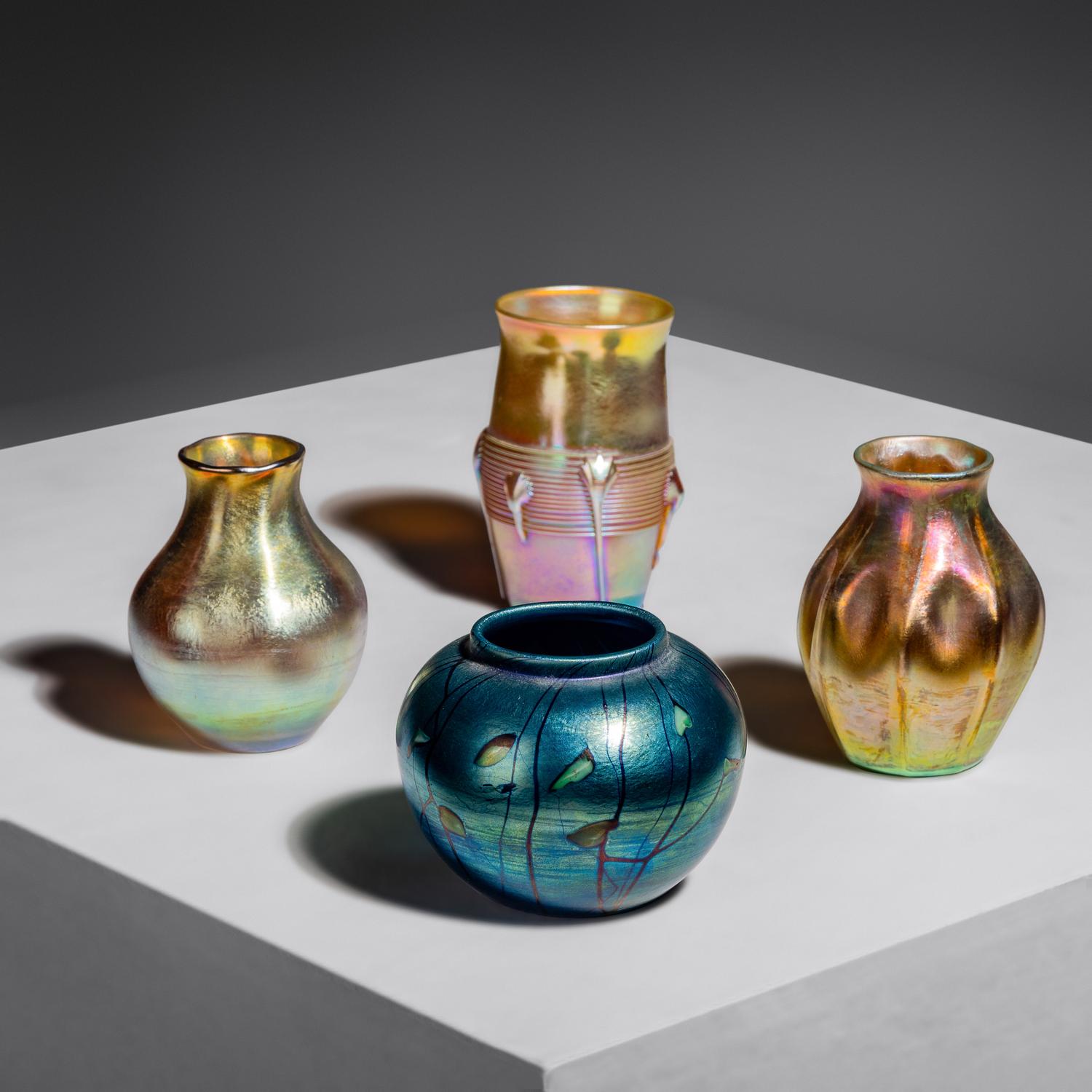 Group of Four Favrile Glass Cabinet Vases, c. 1910 Tiffany Studios