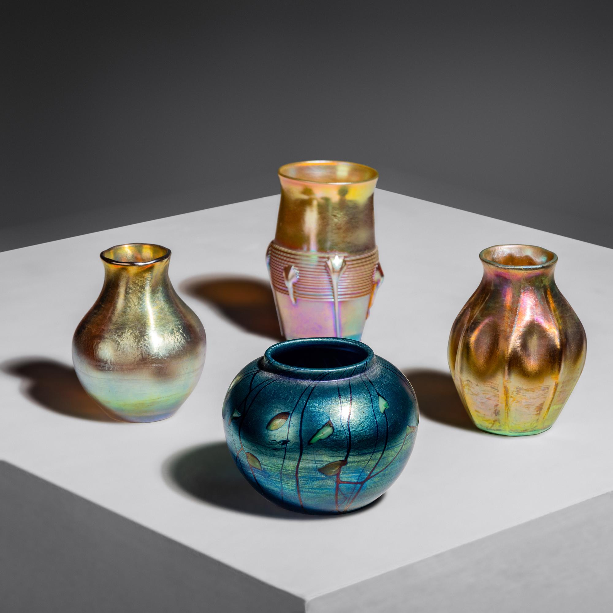 Group of Four Favrile Glass Cabinet Vases, c. 1910 Tiffany Studios