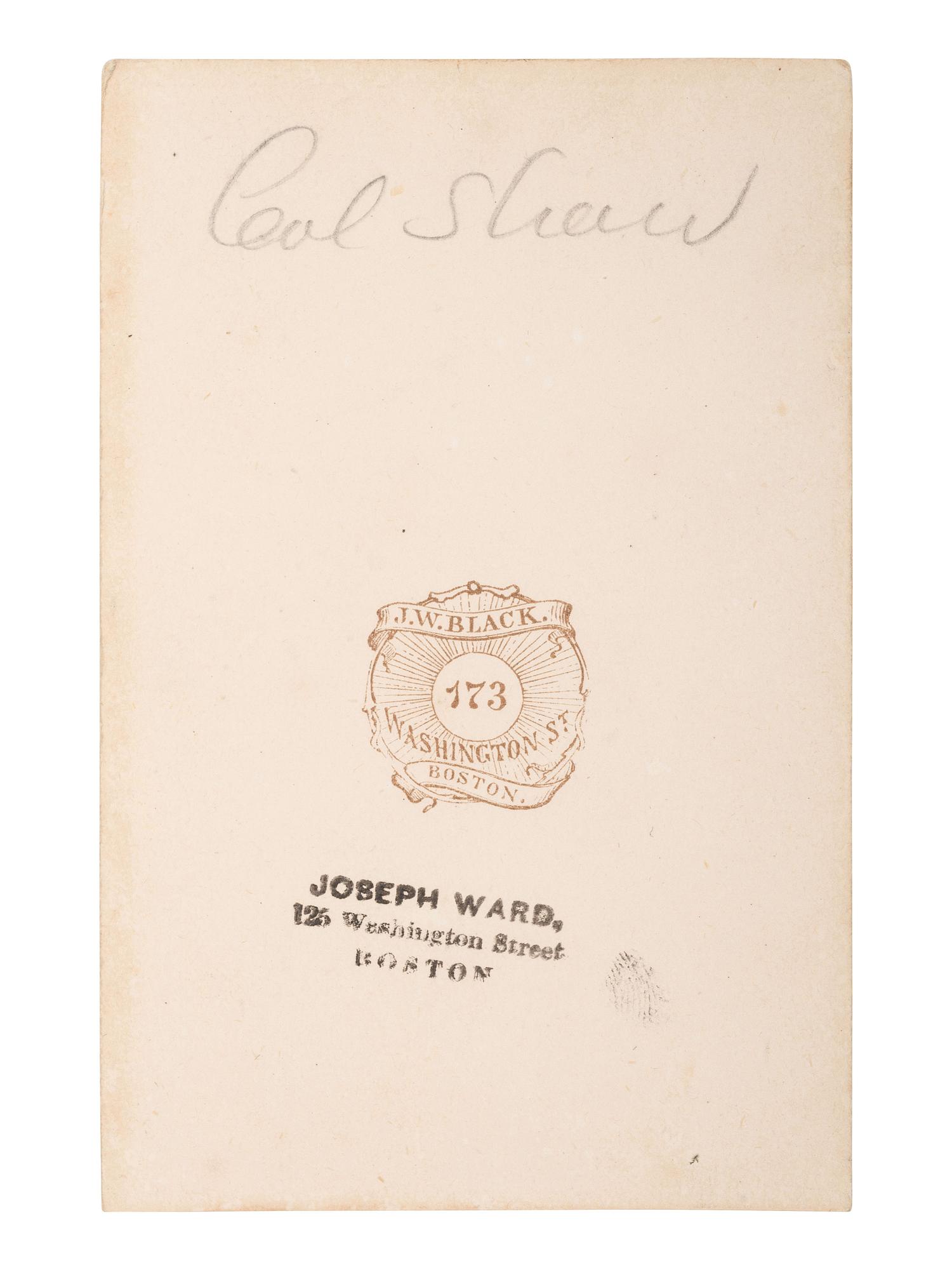[CIVIL WAR]. CDV of Colonel Robert Gould Shaw, 54th Mass. African American Infantry. Boston: J.W. Black.