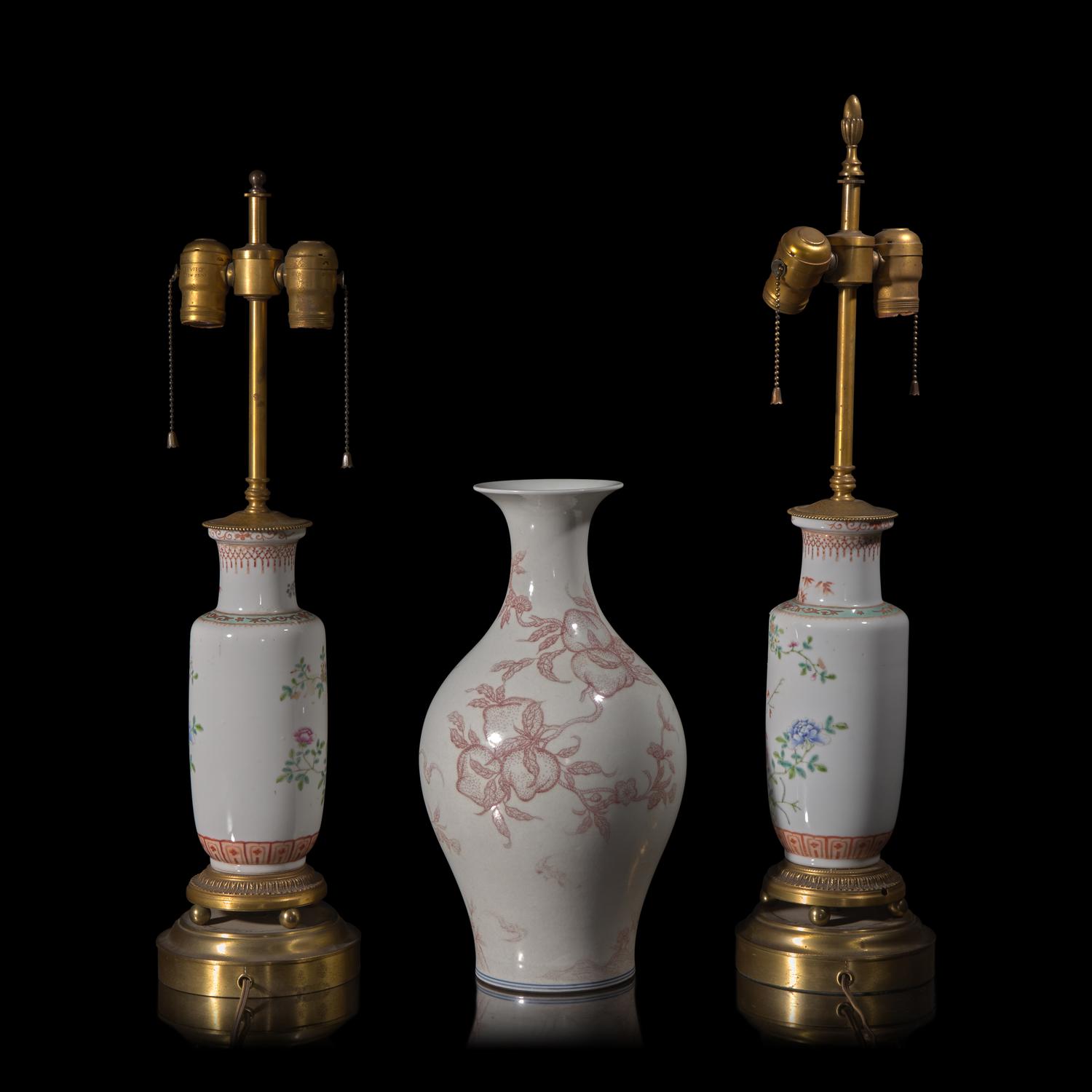 A Chinese Underglaze Red Decorated 'Peaches' Vase and A Pair of Famille Rose Vases 釉裡紅壽桃橄欖瓶一及粉彩花鳥圖瓶一對