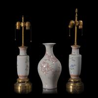 A Chinese Underglaze Red Decorated 'Peaches' Vase and A Pair of Famille Rose Vases 釉裡紅壽桃橄欖瓶一及粉彩花鳥圖瓶一對