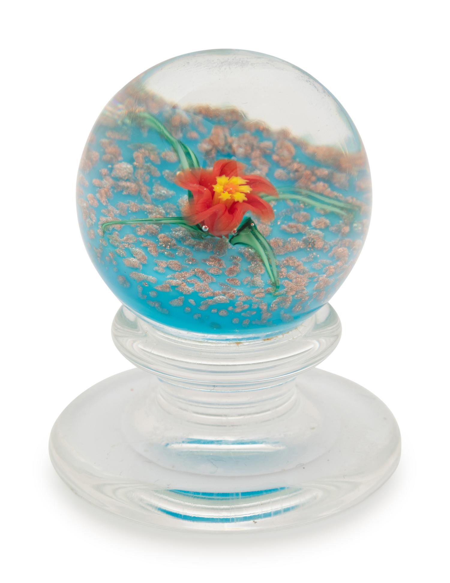 A Charles Kaziun Jr. Red Rope Rose with Twist on Purple Ground Miniature Tilted Pedestal Glass Paperweight
