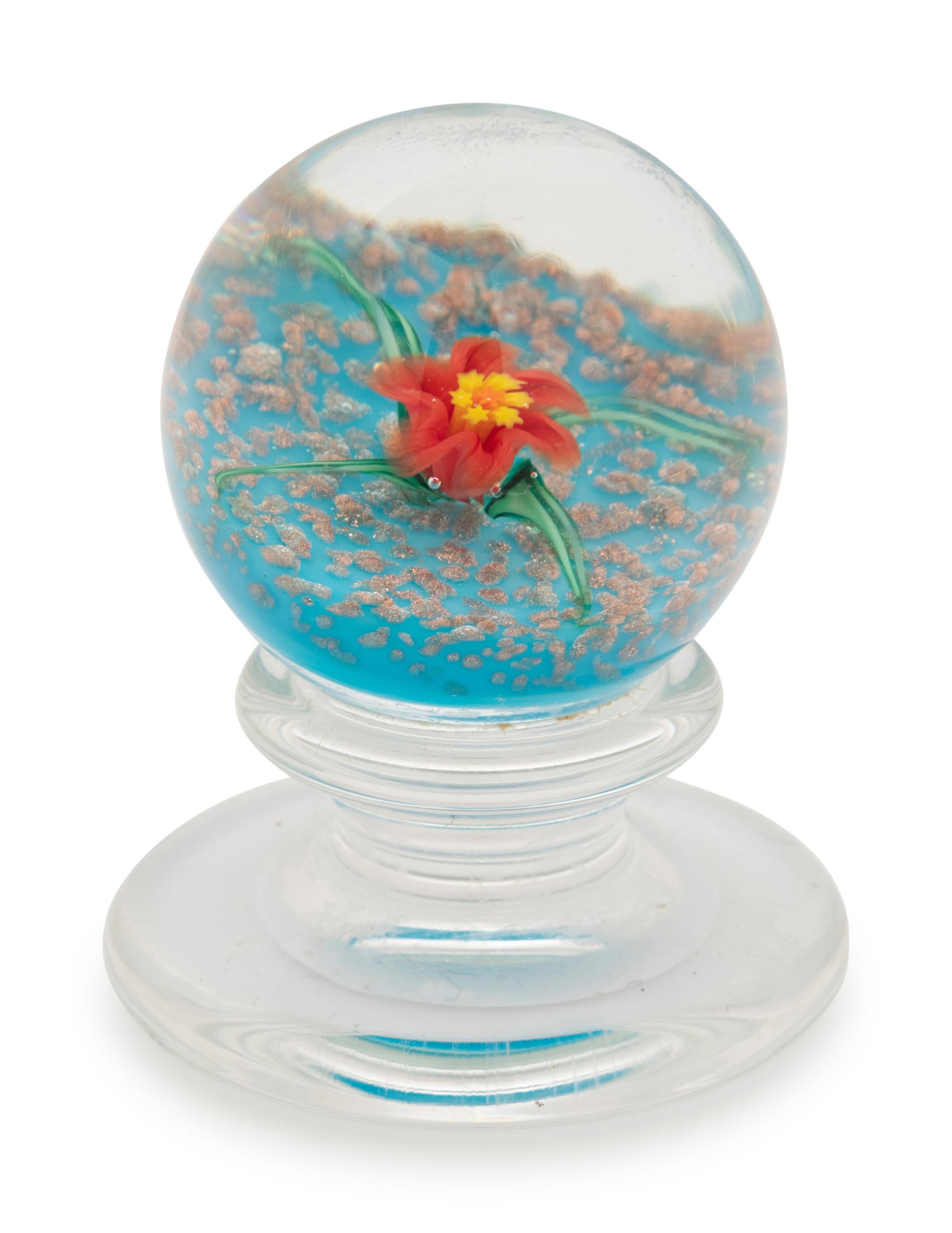 A Charles Kaziun Jr. Red Rope Rose with Twist on Purple Ground Miniature Tilted Pedestal Glass Paperweight