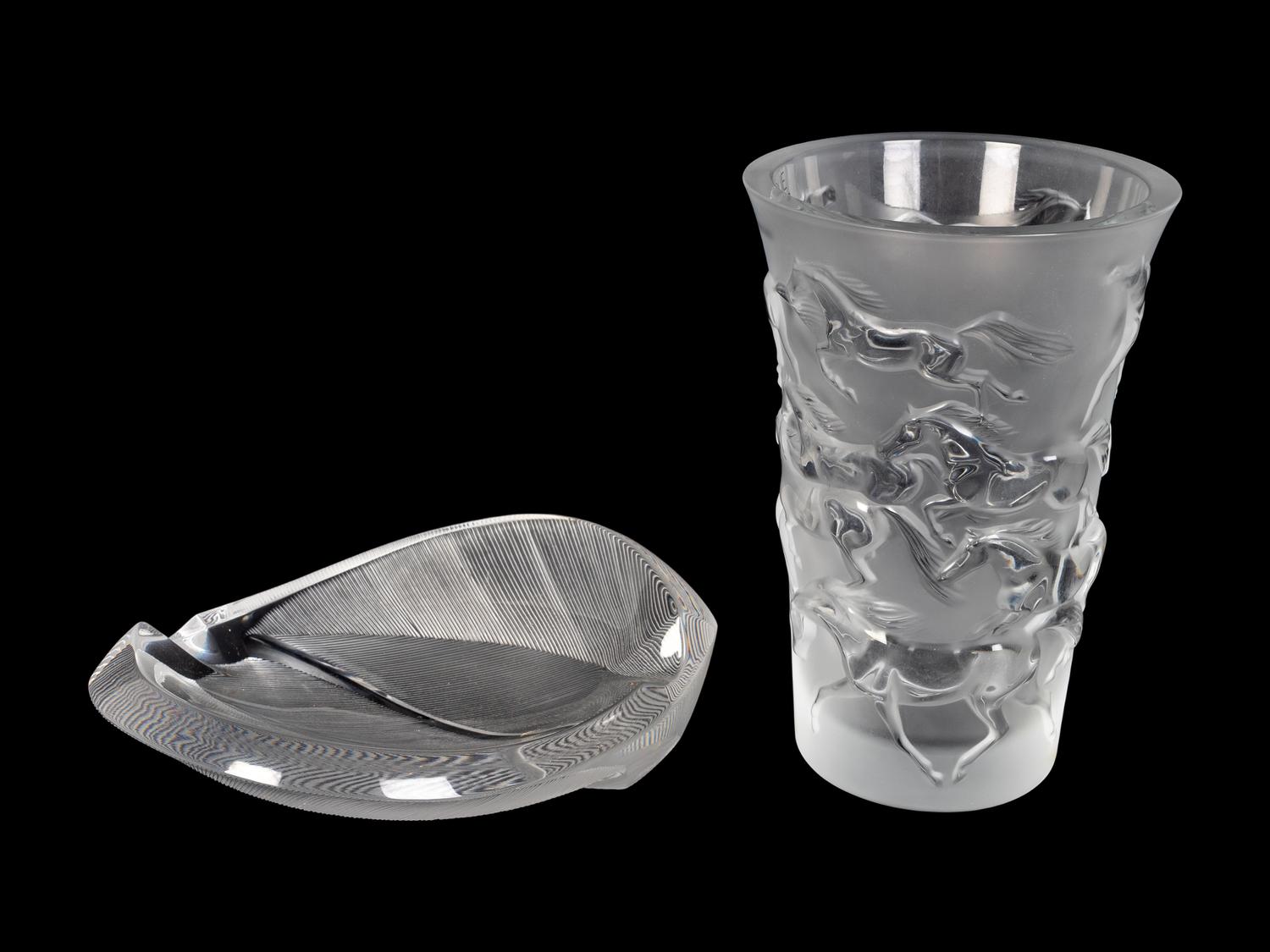 A Lalique Molded and Frosted Glass Vase and a Lalique Leaf Bowl