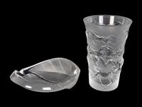 A Lalique Molded and Frosted Glass Vase and a Lalique Leaf Bowl