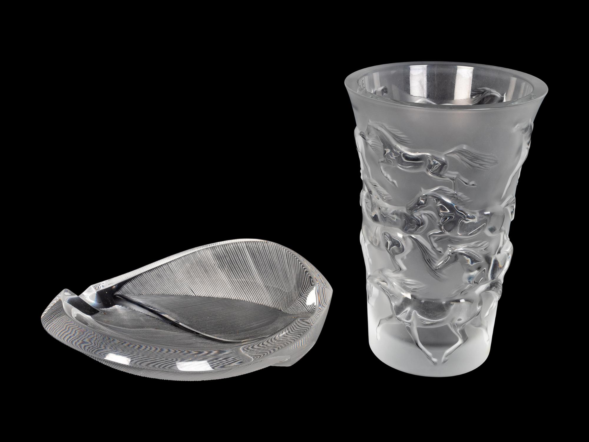 A Lalique Molded and Frosted Glass Vase and a Lalique Leaf Bowl