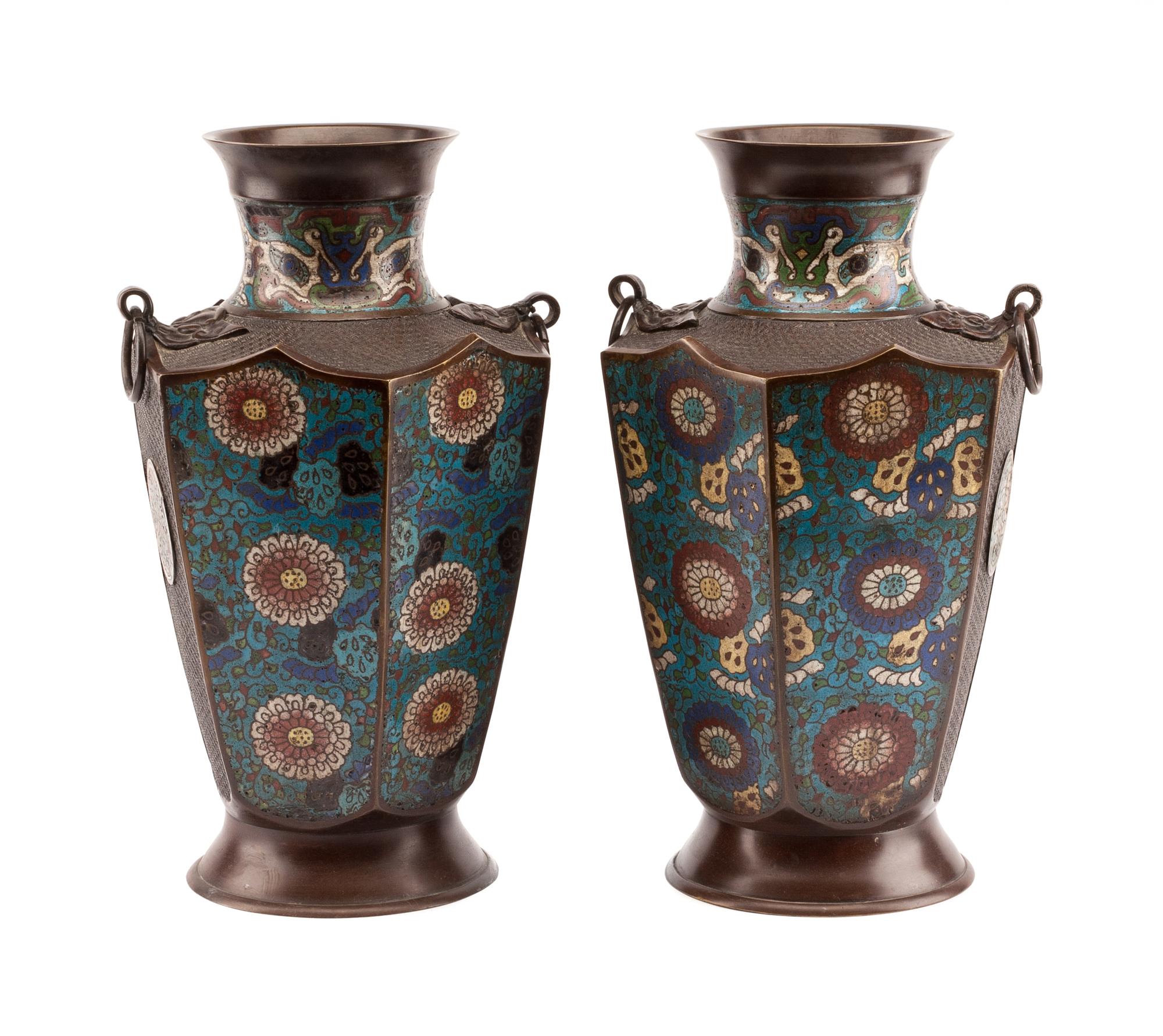 A Pair of Chinese Cloisonne Vases Height 15 1/2 inches.