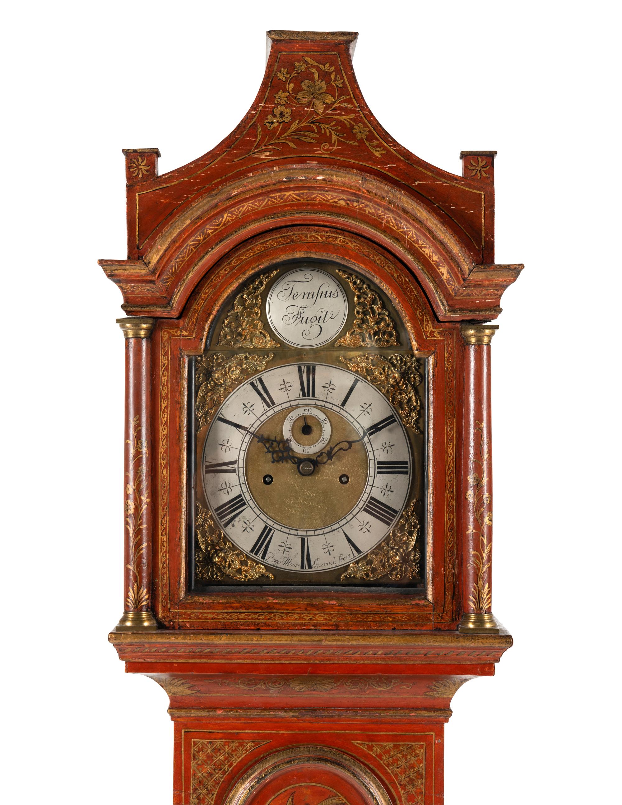 An English Red Japanned Tall Case Clock