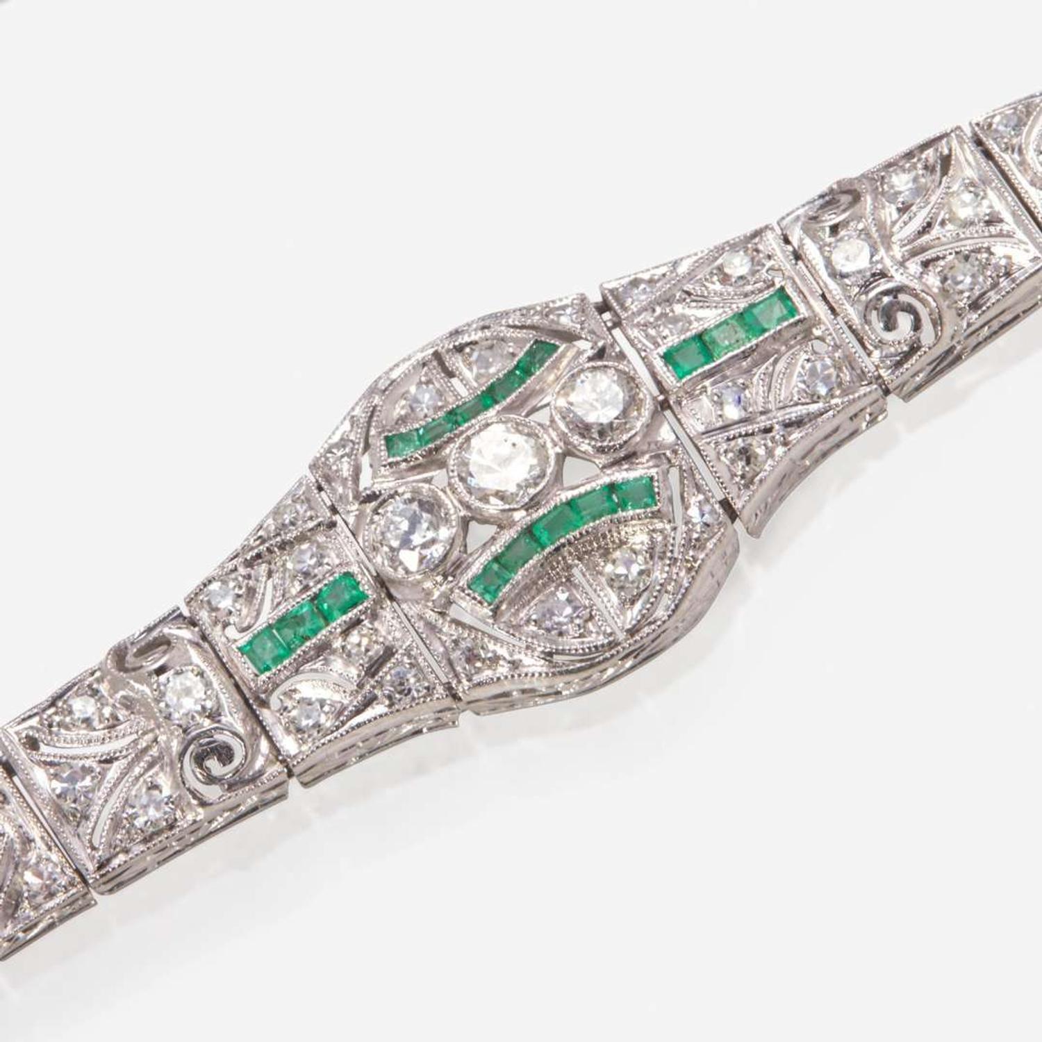 An Art Deco Platinum, Emerald, and Diamond Bracelet