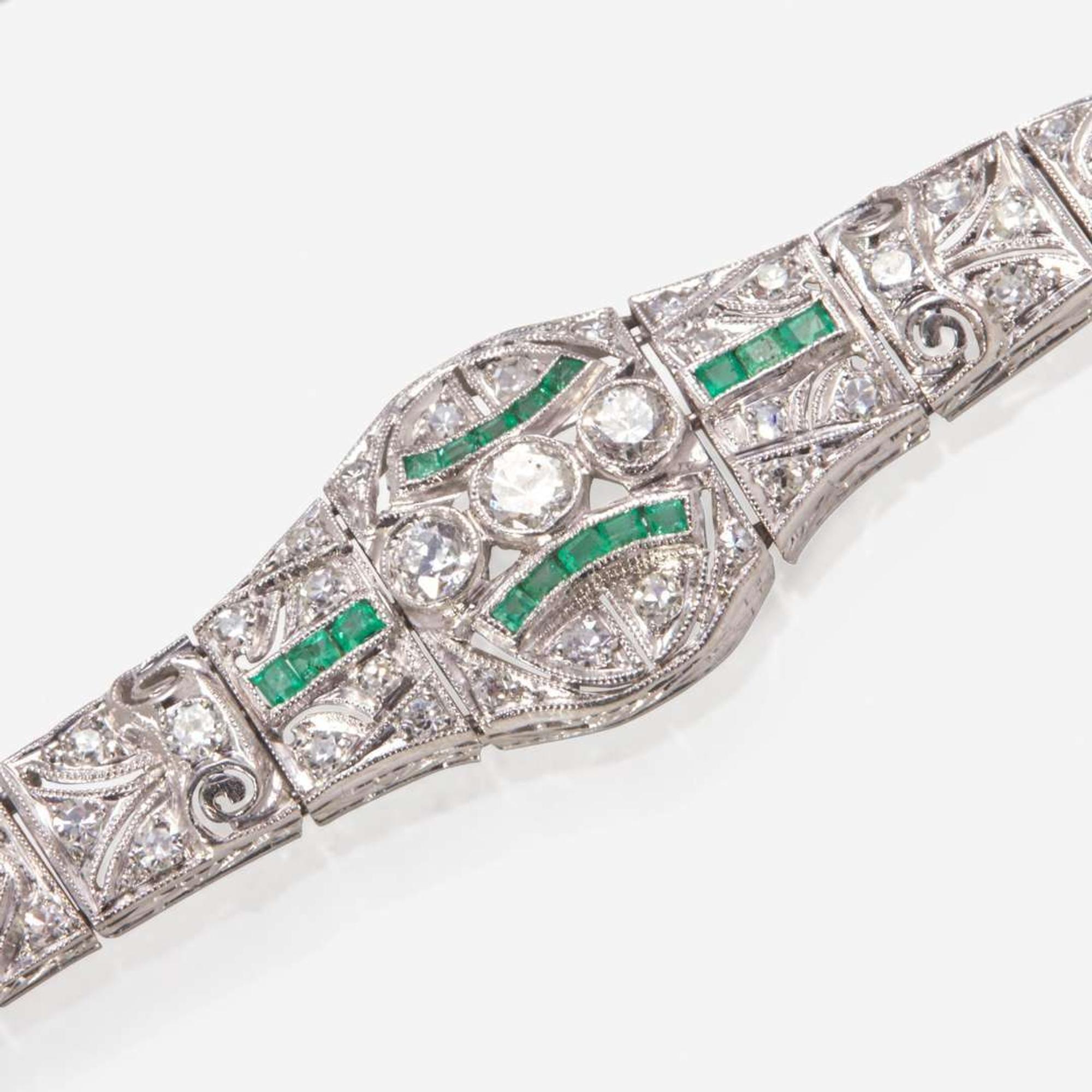 An Art Deco Platinum, Emerald, and Diamond Bracelet