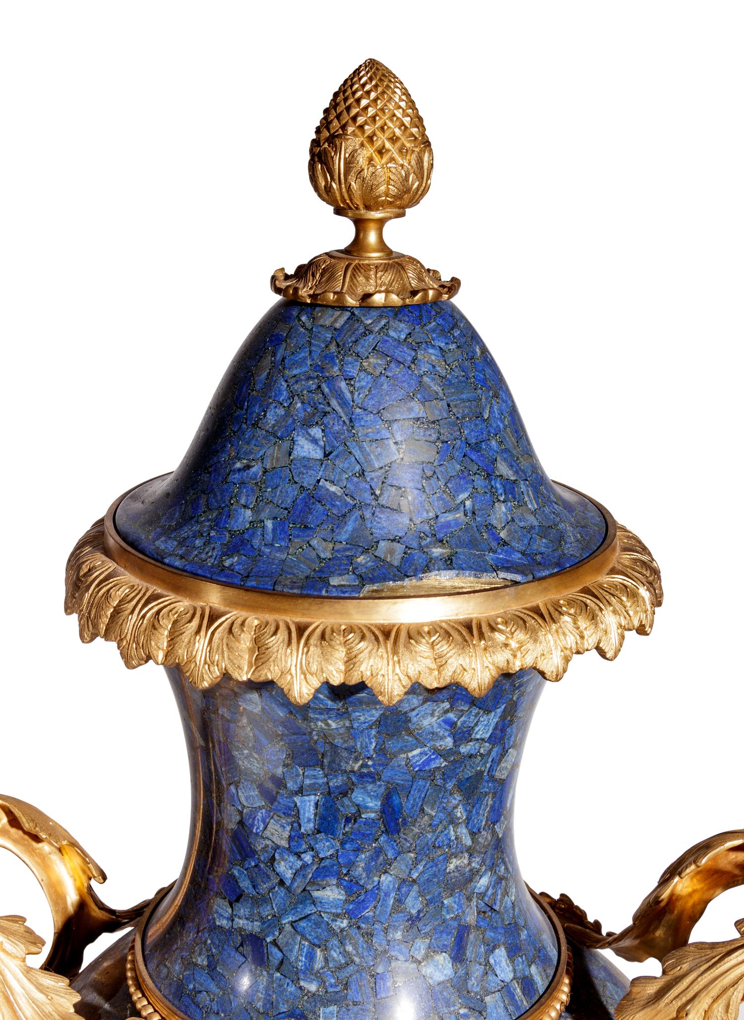 A Pair of Monumental Louis XV Style Gilt Bronze Mounted Lapis Lazuli Veneered Urns