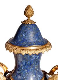 A Pair of Monumental Louis XV Style Gilt Bronze Mounted Lapis Lazuli Veneered Urns