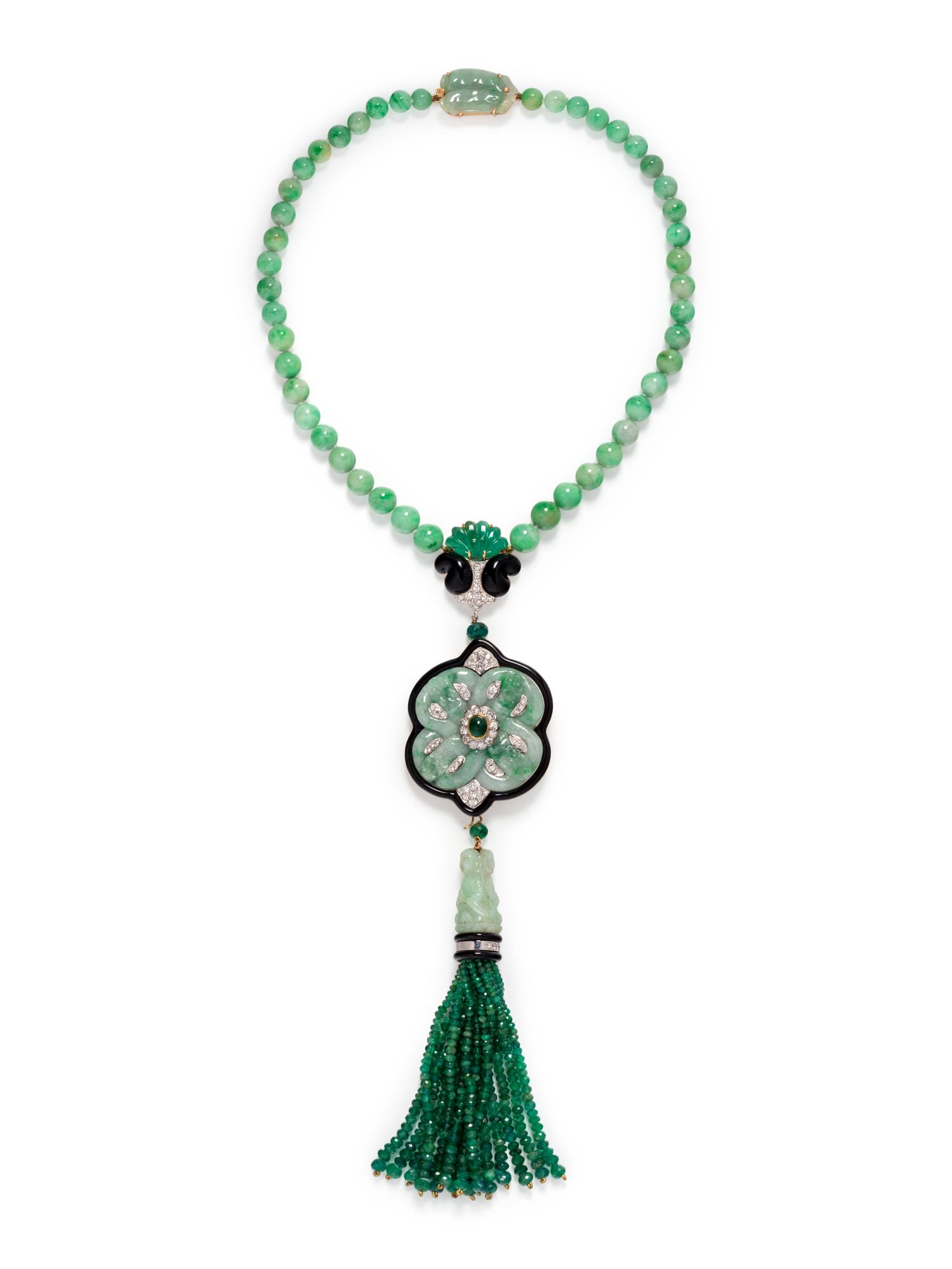 JADE, EMERALD, ONYX AND DIAMOND CONVERTIBLE NECKLACE