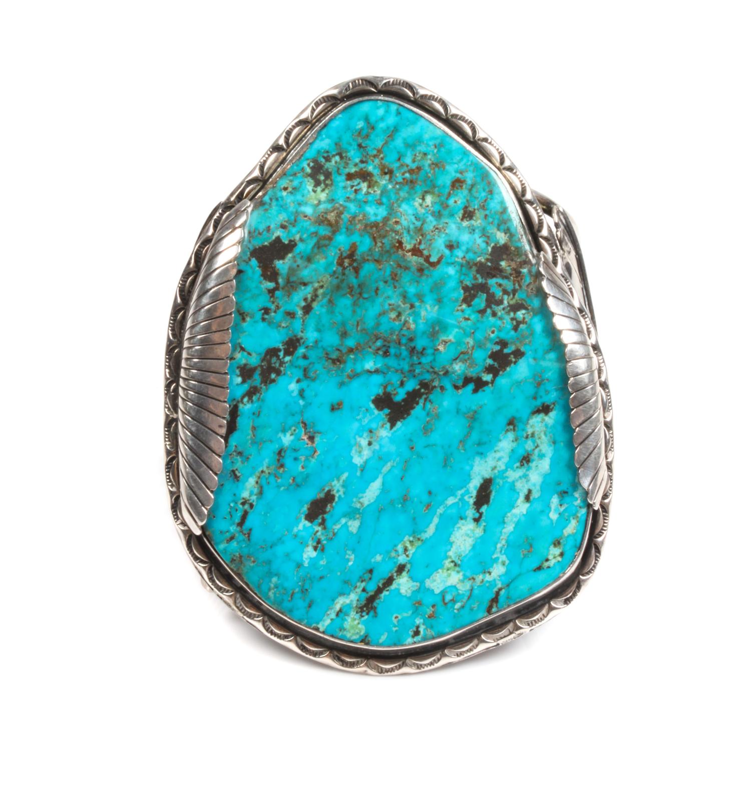 Large Southwestern Silver and Turquoise Cuff Bracelet Length 5 1/2 x opening 2 3/8 x width 4 inches