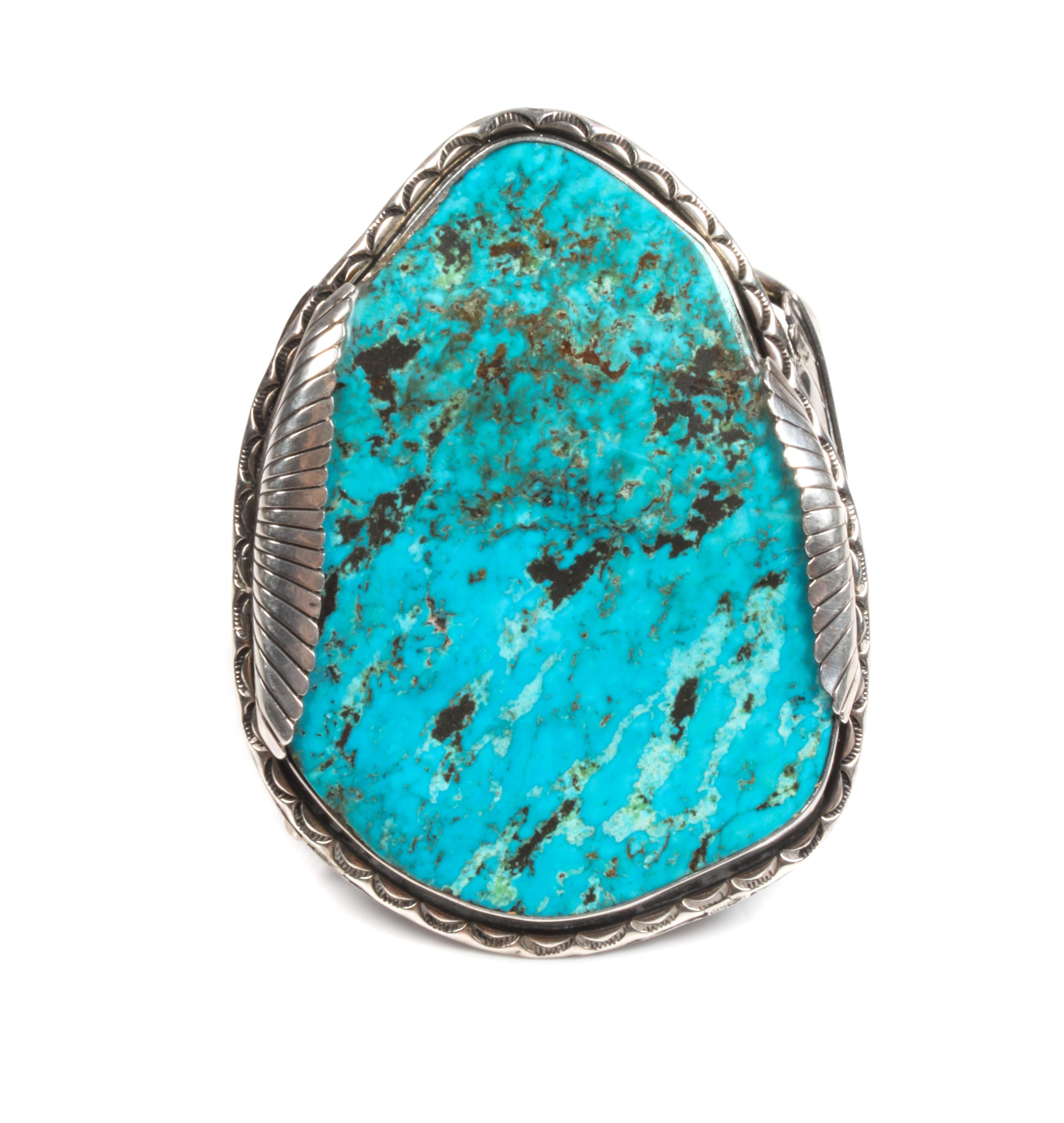 Large Southwestern Silver and Turquoise Cuff Bracelet Length 5 1/2 x opening 2 3/8 x width 4 inches