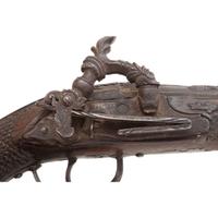 Fine Relief Carved Silver Mounted Spanish Percussion Miquelet Pistol Dated 1832