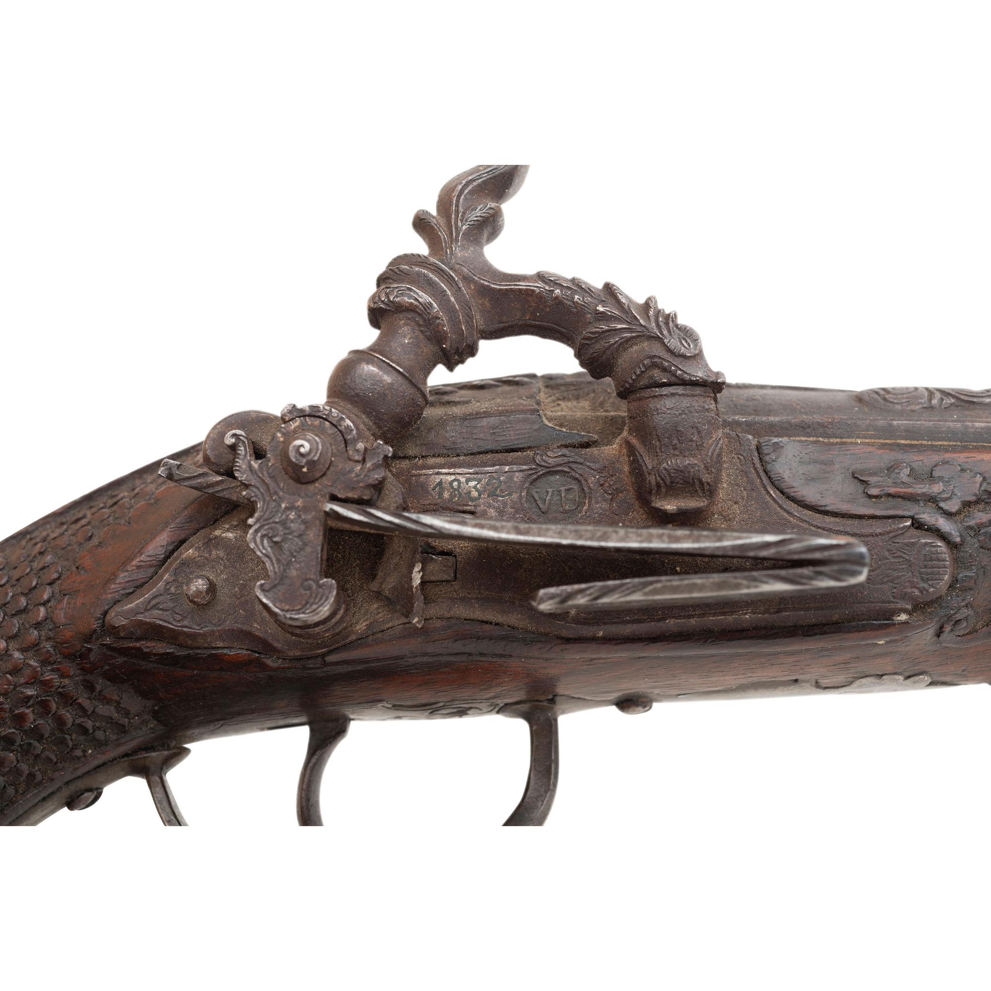 Fine Relief Carved Silver Mounted Spanish Percussion Miquelet Pistol Dated 1832