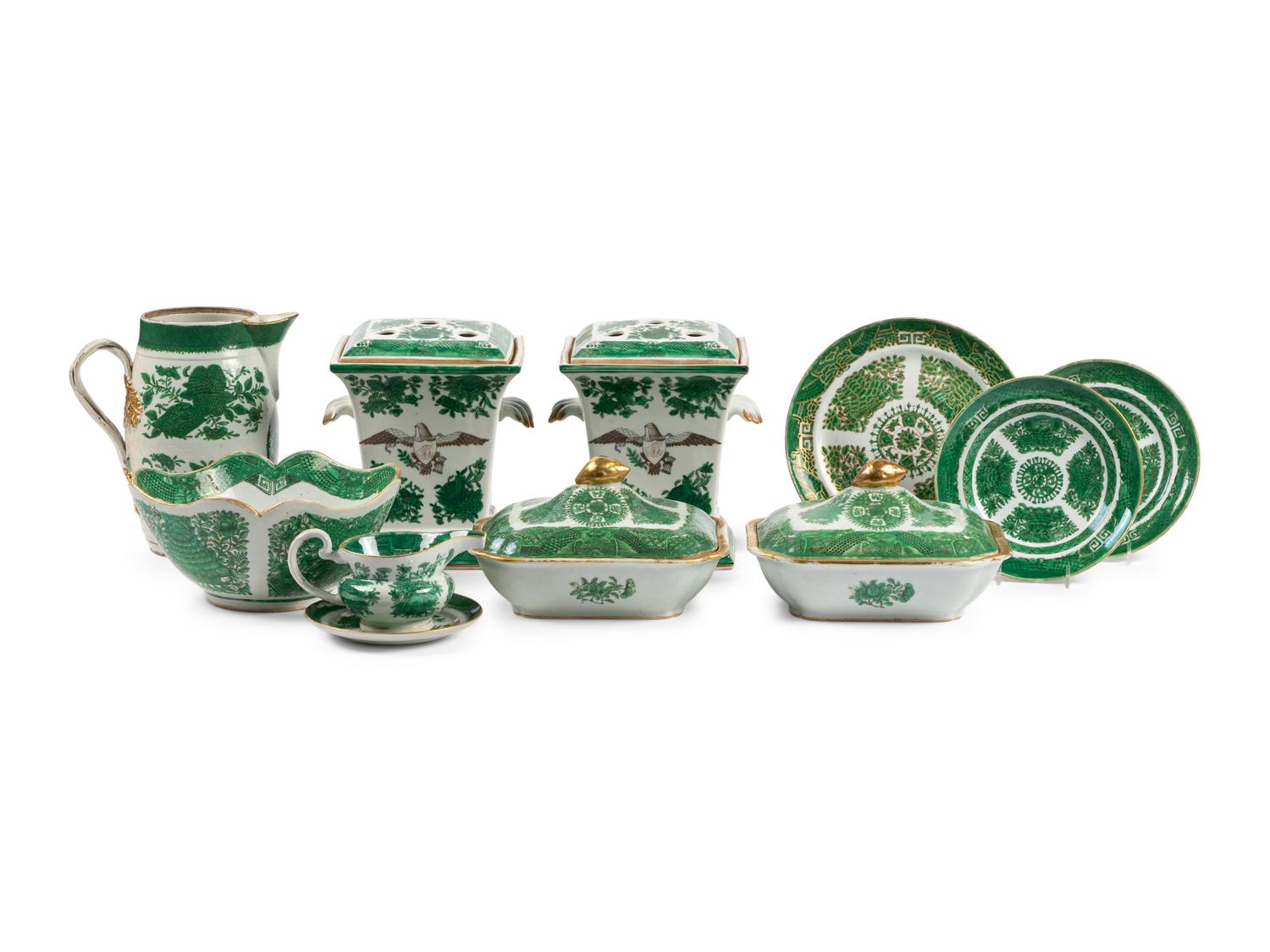 A Collection Chinese Export Porcelain Green 'Fitzhugh' Dishes
