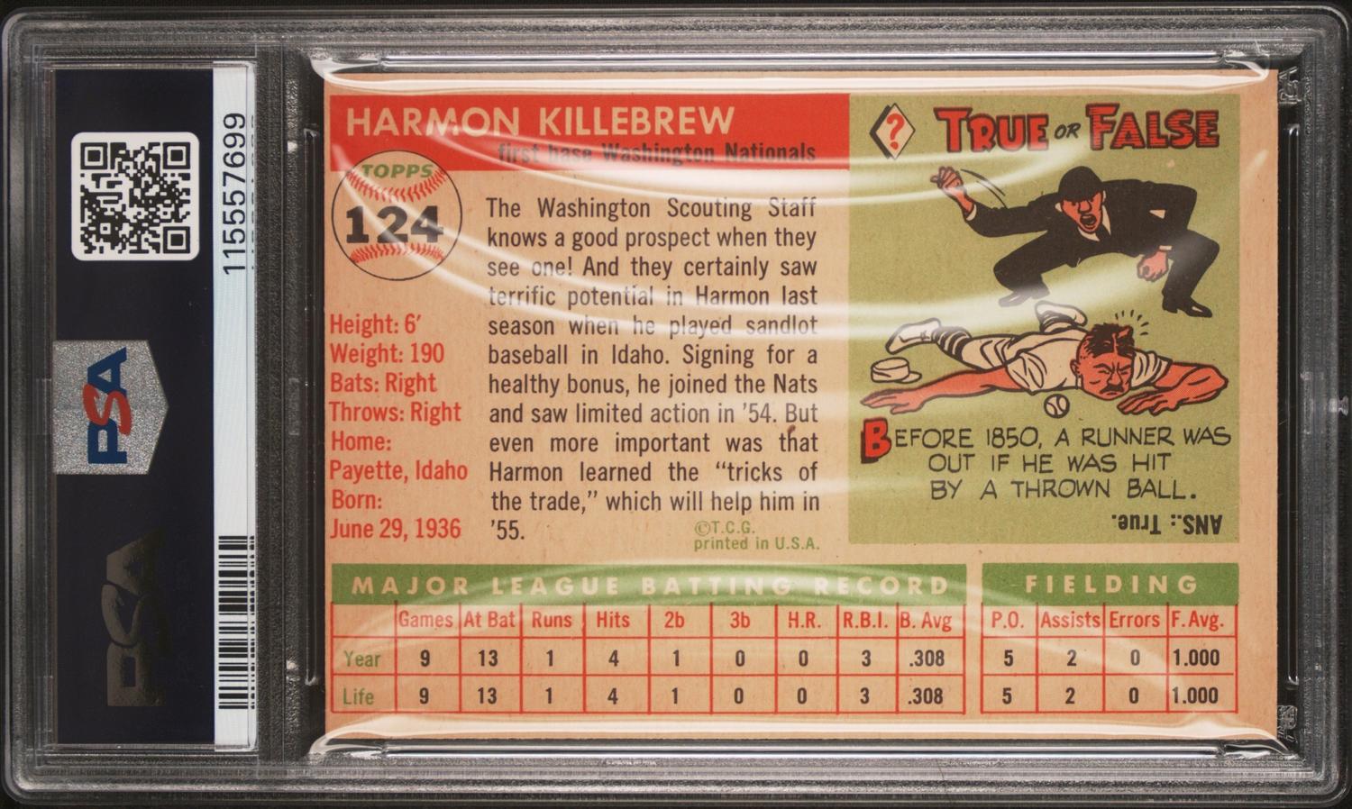 A 1955 Topps Harmon Killebrew Rookie Baseball Card No. 124 (PSA 6 EX-MT) from The Collection of David Eisenhower