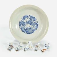 Five Hirado porcelain small figures of boys and a Nabeshima style molded “Dragon” dish 18th to 19th century