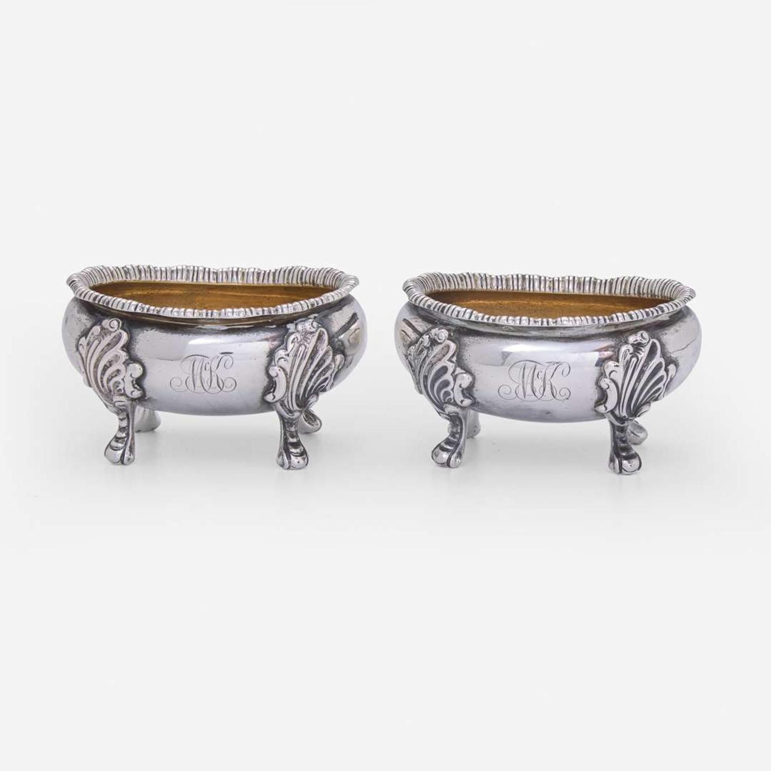 A silver water pitcher and two silver open salt cellars Taylor & Lawrie (active 1837-1862), retailed by Bailey & Kitchen (active 1833-1846), Philadelphia, circa 1840