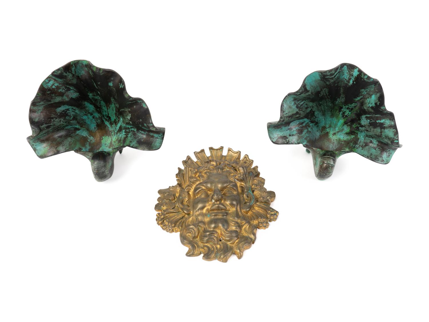 A Pair of Leaf-form Bronze Bookends and a Gilt Bronze Mask — 20TH CENTURY