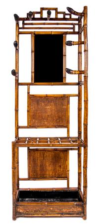 A Bamboo and Rattan Hall Tree Height 78 x width 28 x depth 12 inches.