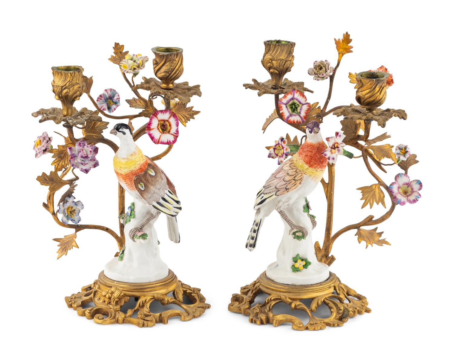 A Pair of Gilt Bronze and Meissen Porcelain Mounted Two-Light Candelabra