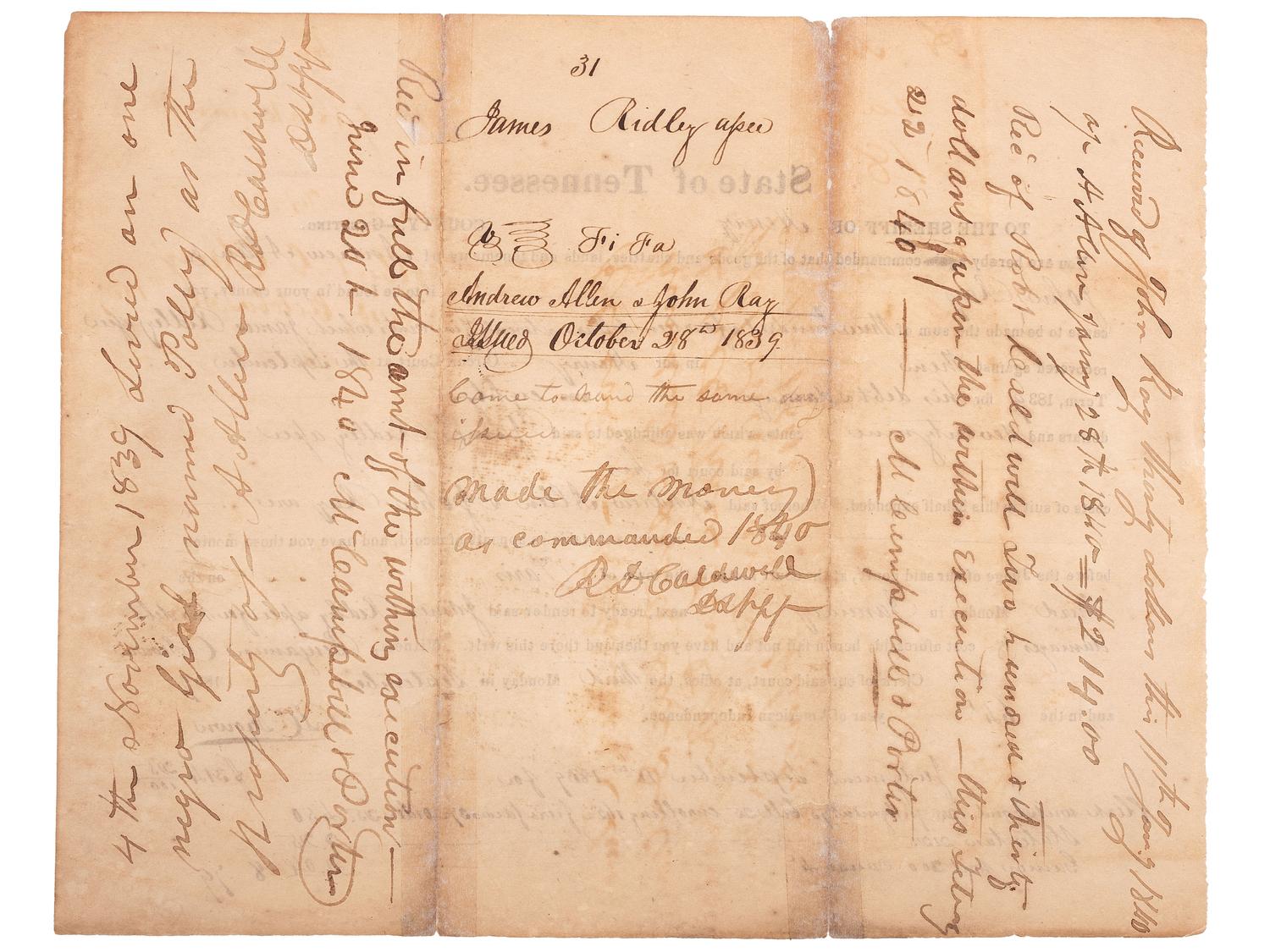 [SLAVERY & ABOLITION]. A group of 4 documents related to the enslavement of individuals in Tennessee, comprising: