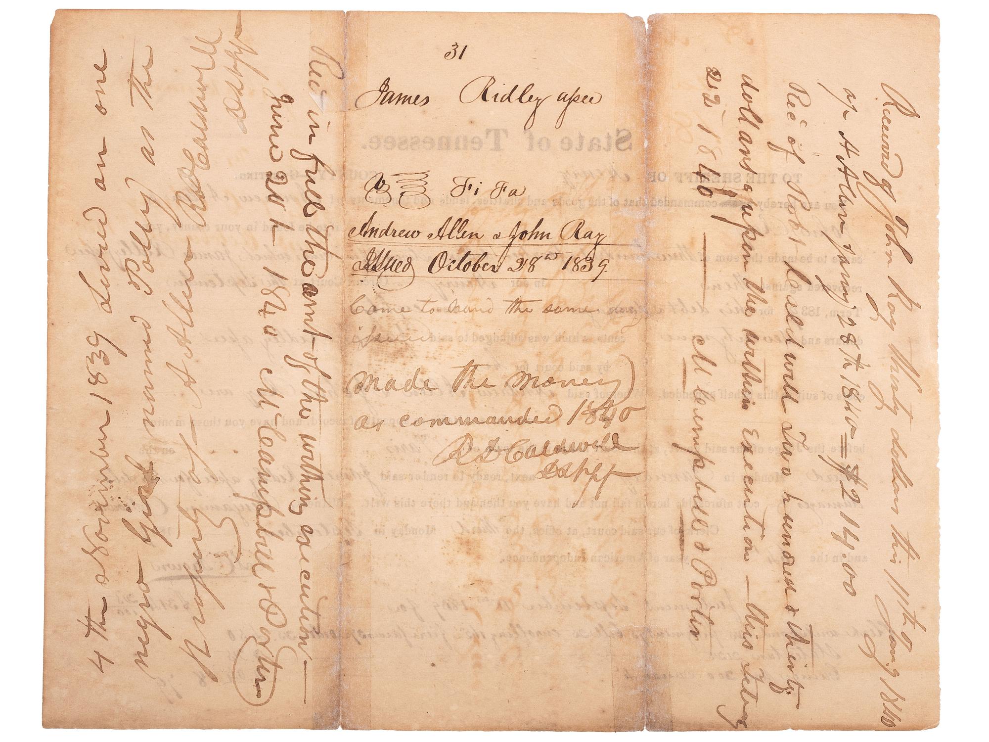 [SLAVERY & ABOLITION]. A group of 4 documents related to the enslavement of individuals in Tennessee, comprising: