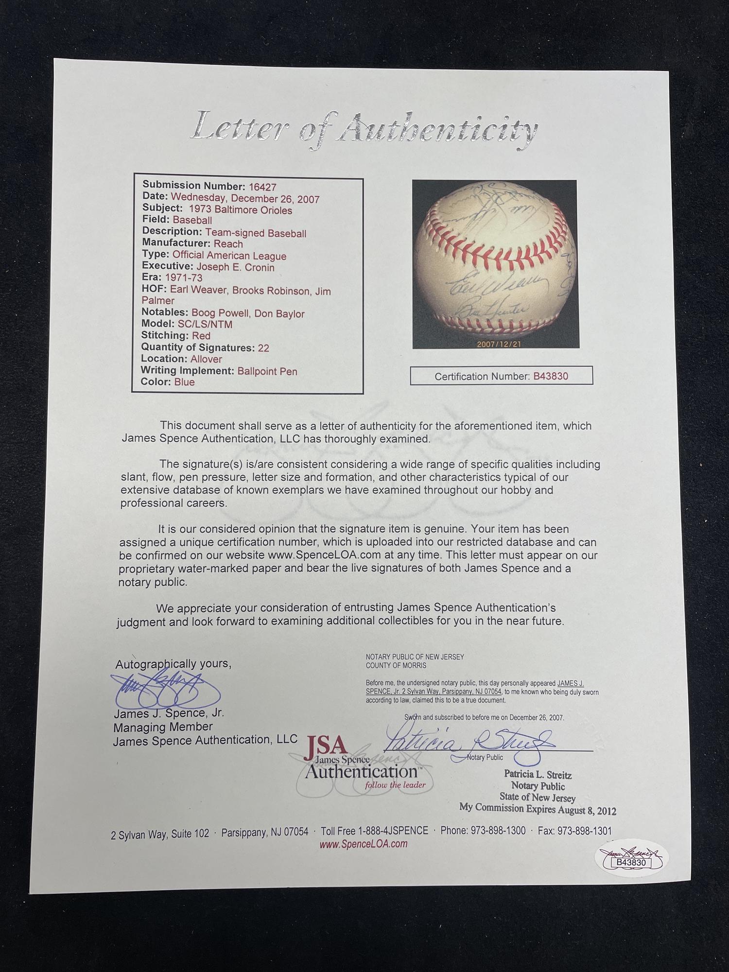A 1973 Baltimore Orioles Team Signed Autograph Baseball (JSA Letter of Authenticity)