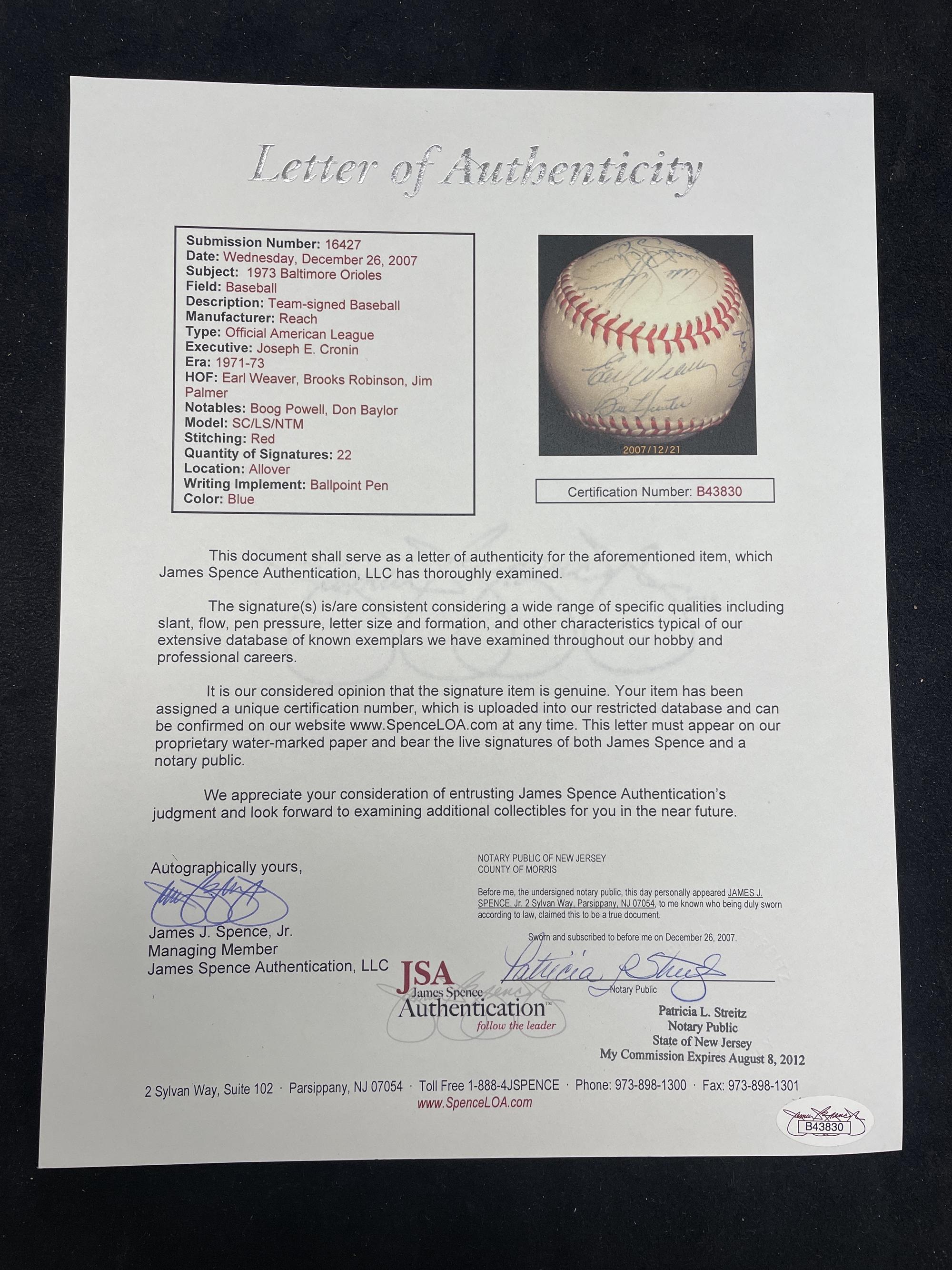 A 1973 Baltimore Orioles Team Signed Autograph Baseball (JSA Letter of Authenticity)