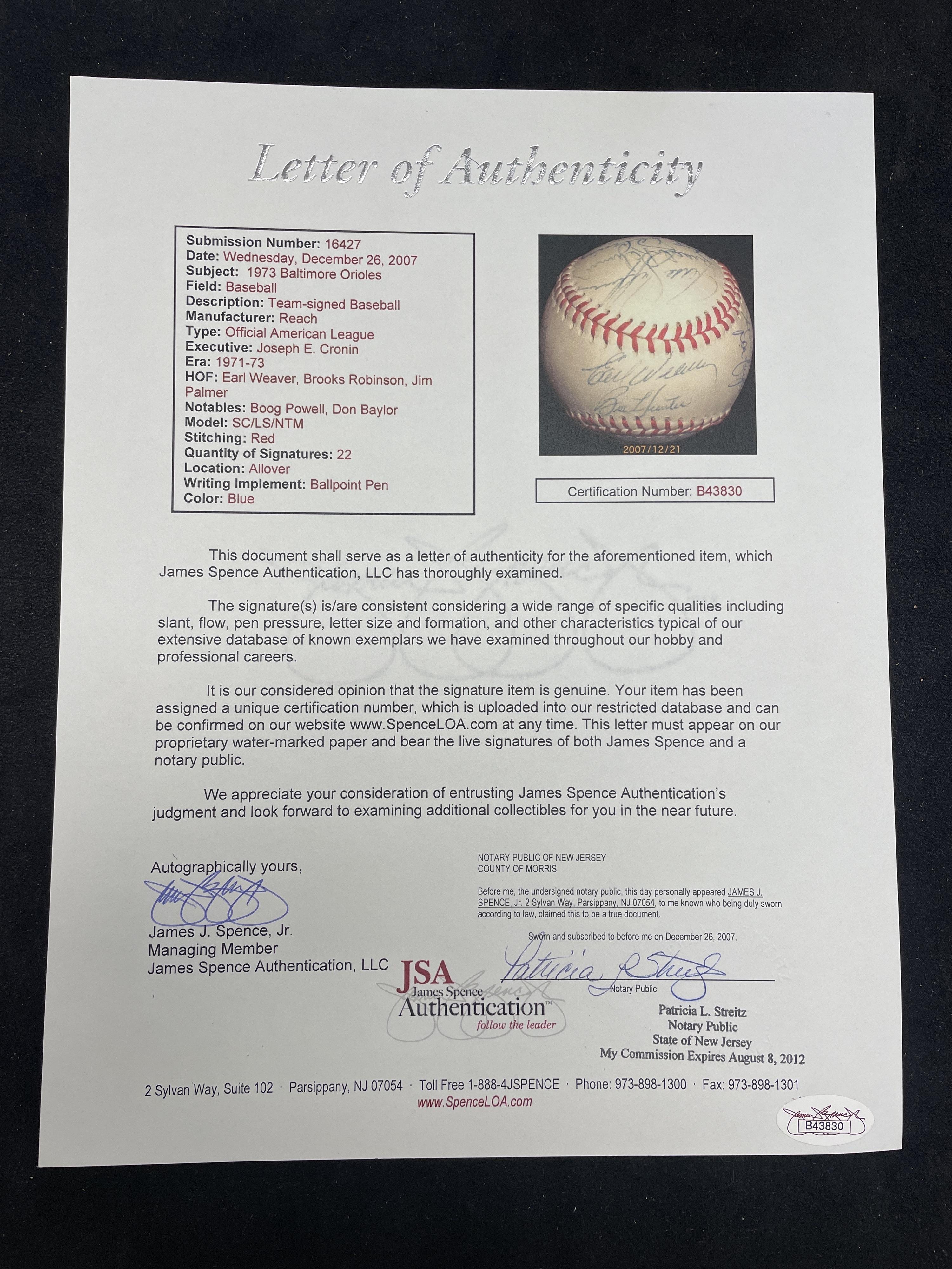 A 1973 Baltimore Orioles Team Signed Autograph Baseball (JSA Letter of Authenticity)