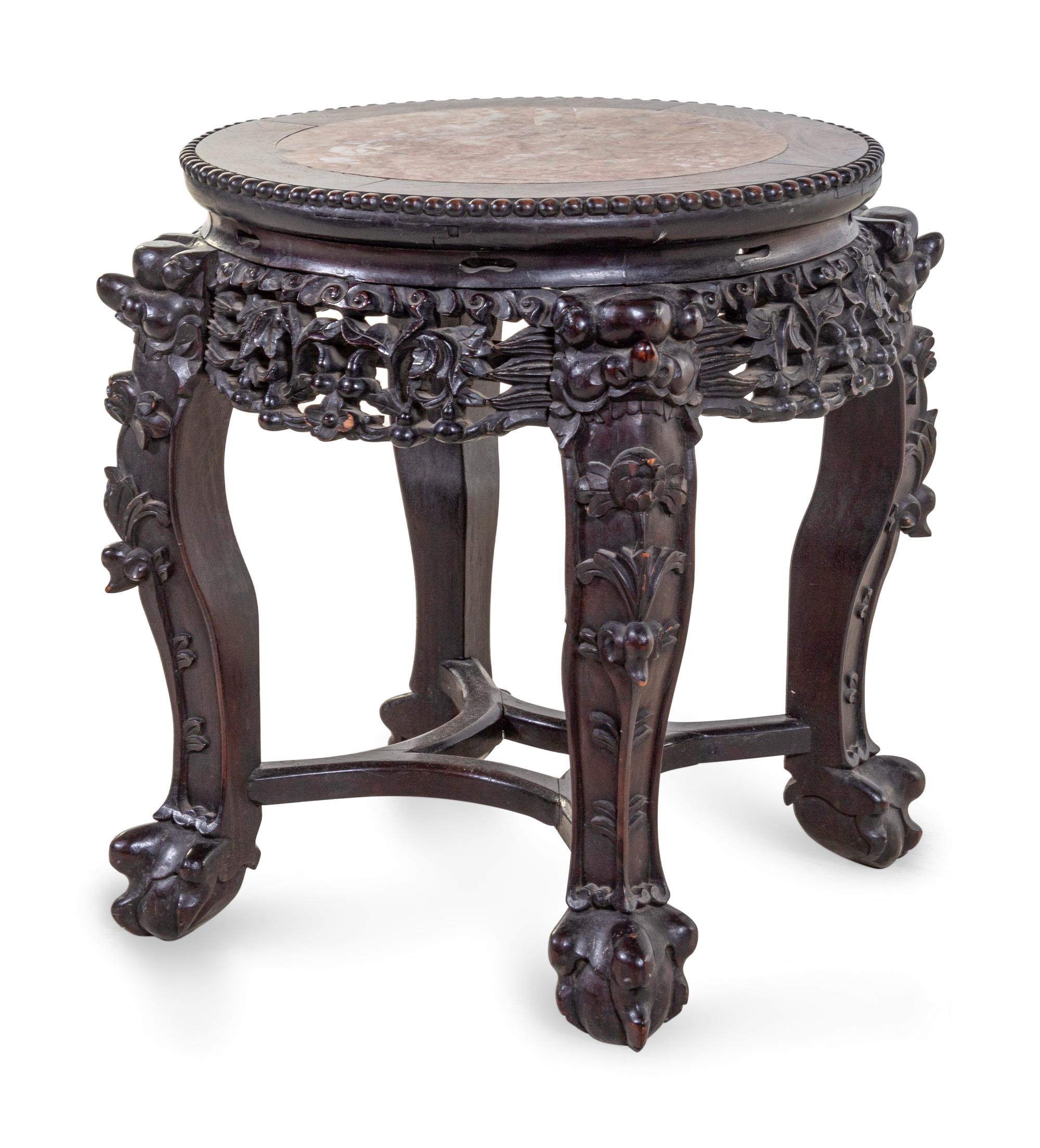 A Chinese Carved Hardwood and Marble Inset Jardiniere Table