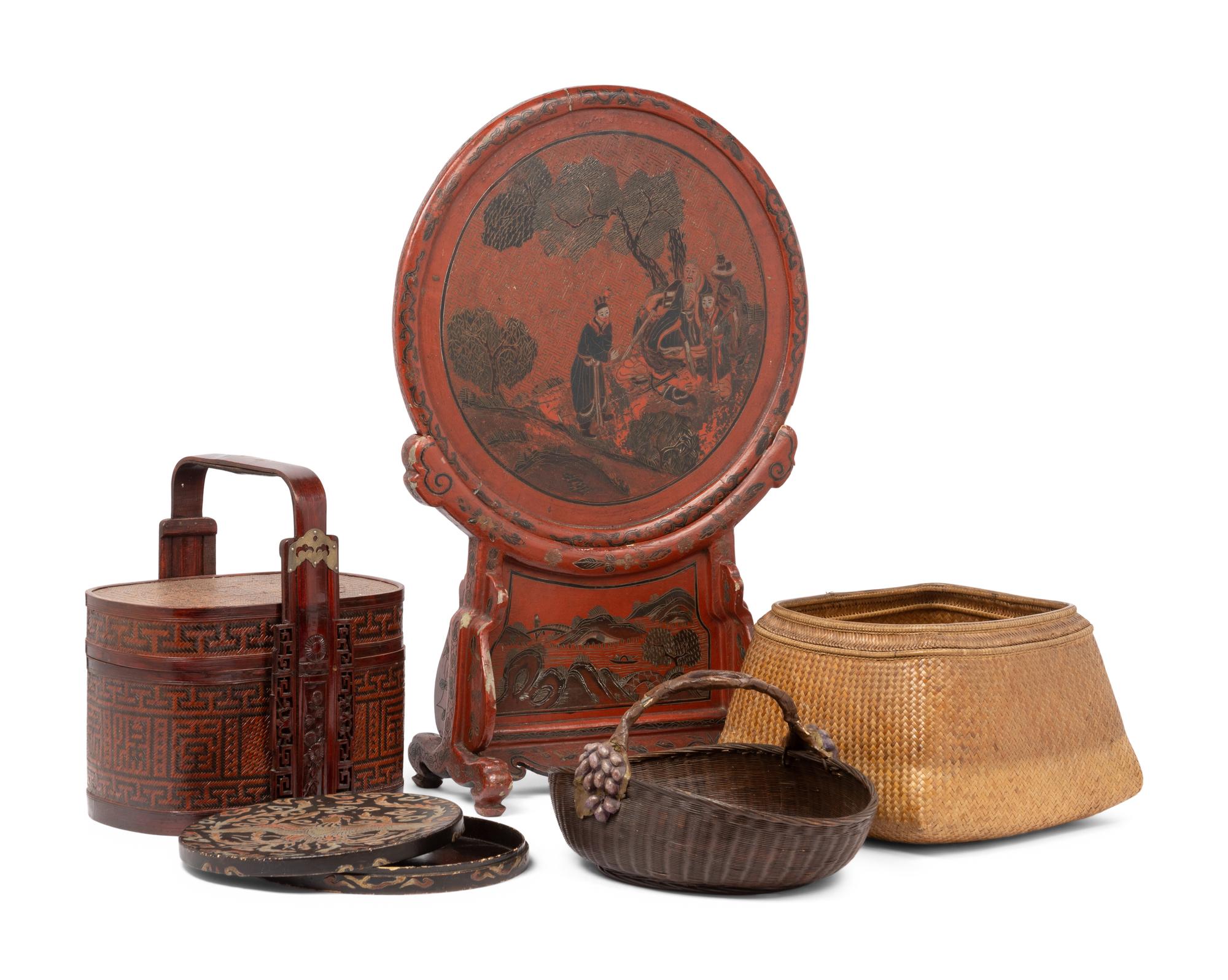 Three Chinese Baskets and Two Lacquer Wares