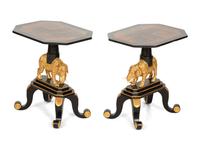 A Pair of Painted and Parcel Gilt Ebonized Side Tables