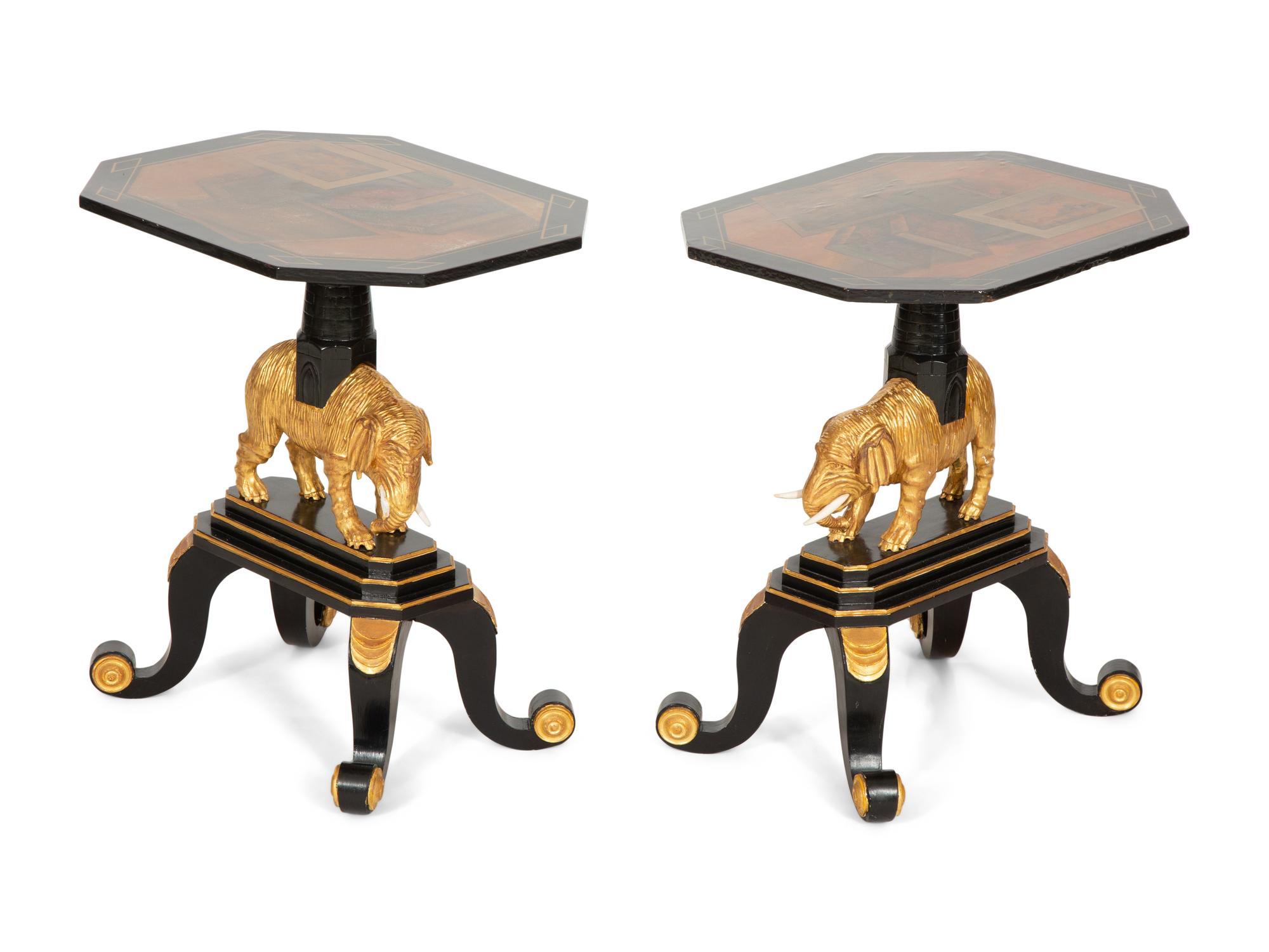 A Pair of Painted and Parcel Gilt Ebonized Side Tables
